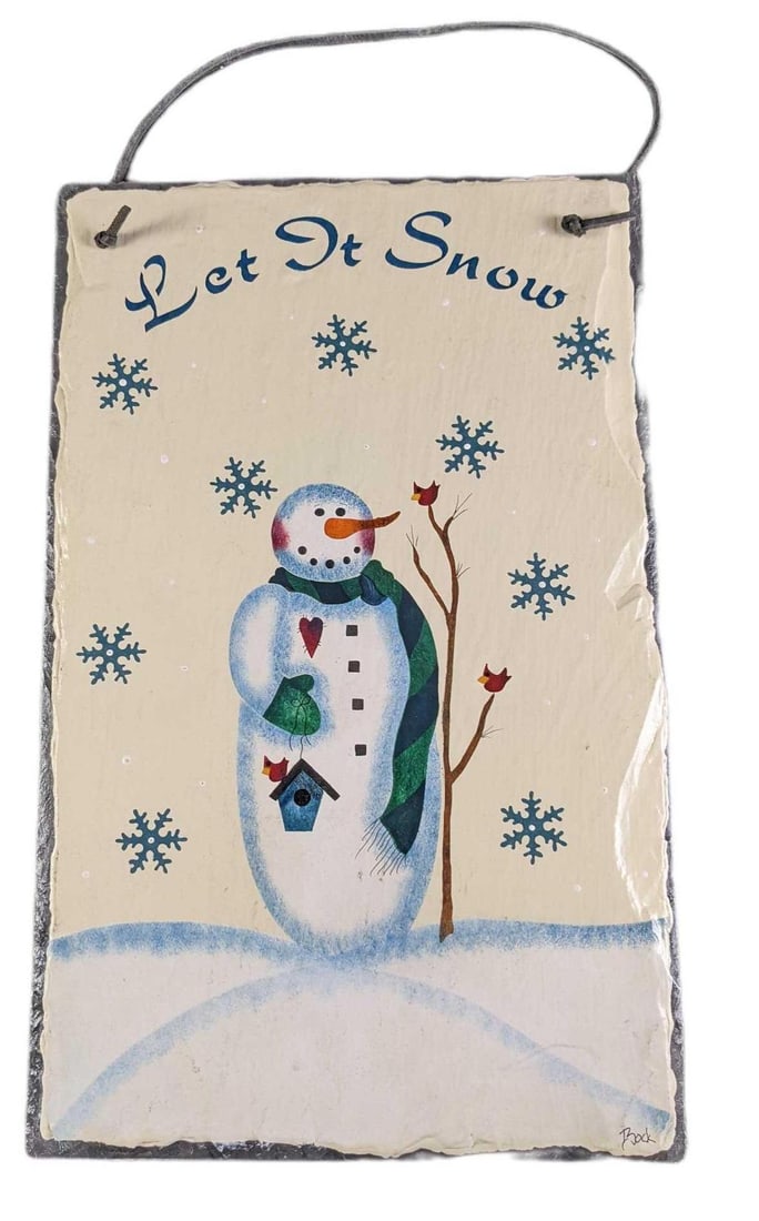 Festive Christmas Holiday Snowman Let It Snow Slate Sign: Let It Snow slate Christmas sign. Has a rope on the back for easy hanging. Has an artist signature on the bottom right. The sign is approx 10" x16" and in a good, vintage condition with wear and some 