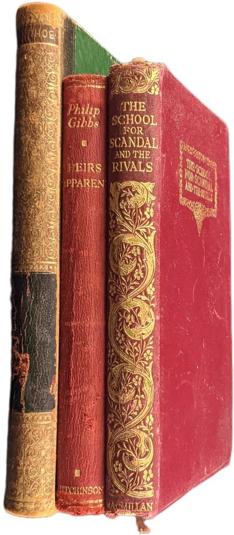 3 Antique Books The School For Scandal Jack London Heirs Apparent: This lot includes: (1) Heirs Apparent By Philip Gibbs. This was published by Hutchinson & Co (London) in 1929. Uniform Edition. The book is approx 4 1/2" x 3/4" x 6 3/4". (