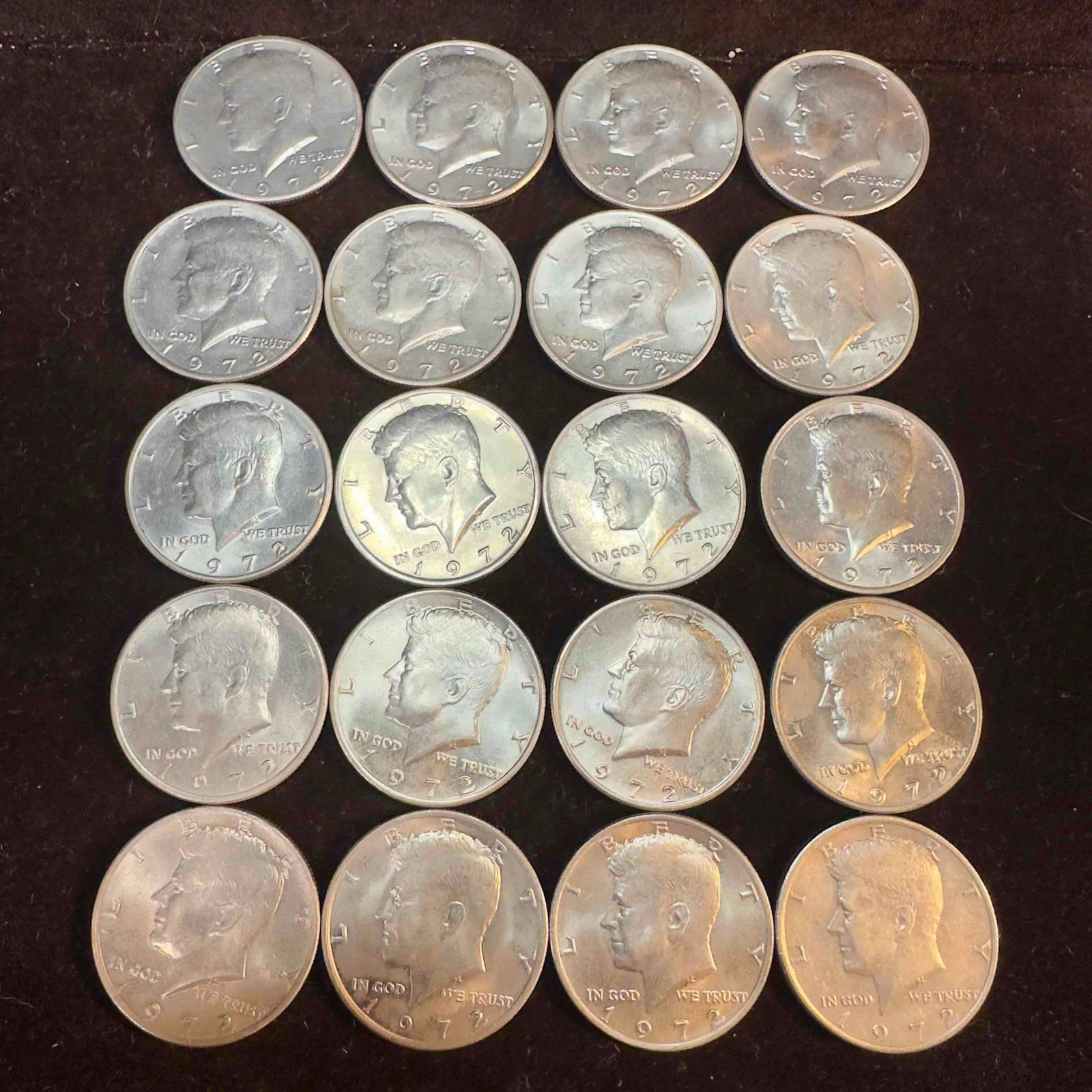 Twenty 20 Kennedy Half Dollars 1972 P 10 Ten Dollar Roll: These coins have been tested and researched to the best of our ability prior to listing. Please reference all photos for full details, as they are a part of the condition. DETAILS: Metal - .400 Silver