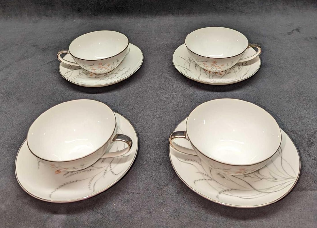 4 Retired Jyoto China Spring Cups & Saucers B: 4 Retired Jyoto China Spring Cups & Saucers A. This lot includes: (4) Cups. Each is approx 5" x 4 1/4" x2". The total weight is 0.89lb. (4) Saucers. Each is approx 6" x 6" x 7/