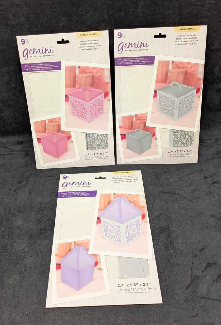 3 Gemini Handled Favour Box Die & Box Stencil Dimensionals by Crafters Companion: 3 Gemini Handled Favour Box Die & Box Stencil Dimensionals by Crafters Companion. All come sealed in the original box that is approx 13" x 8 1/4" x 1/8" and the total weight is 0.40lb.