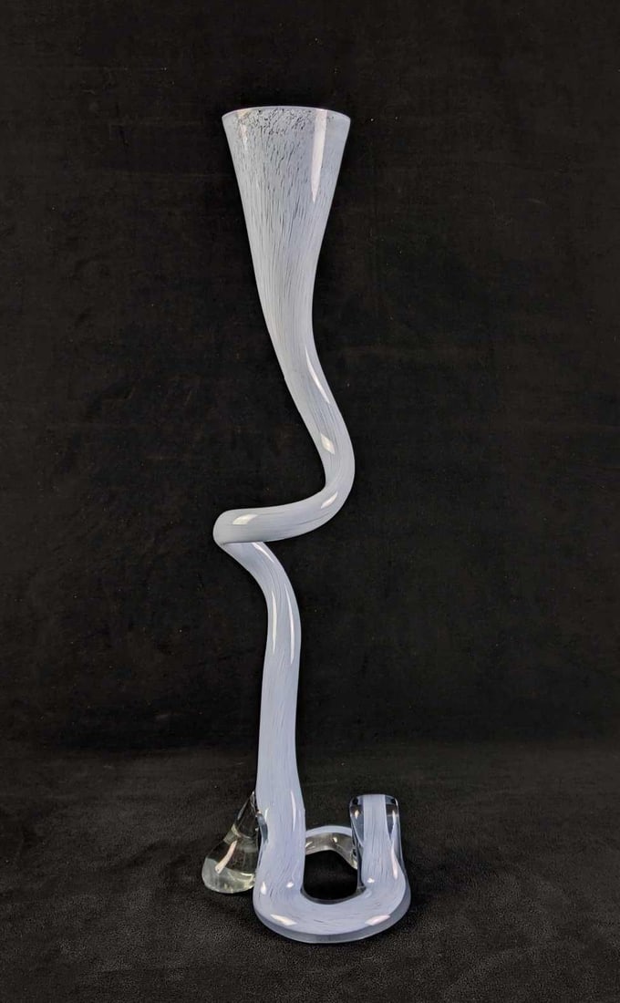 Glass Art Vase Light Blue Unique Glass Abstract Swirl: This is a beautifully unique glass art piece. This glass piece is light blue and clear. It has no known damage. No maker’s mark visible. The condition is good overall with no visible cracks