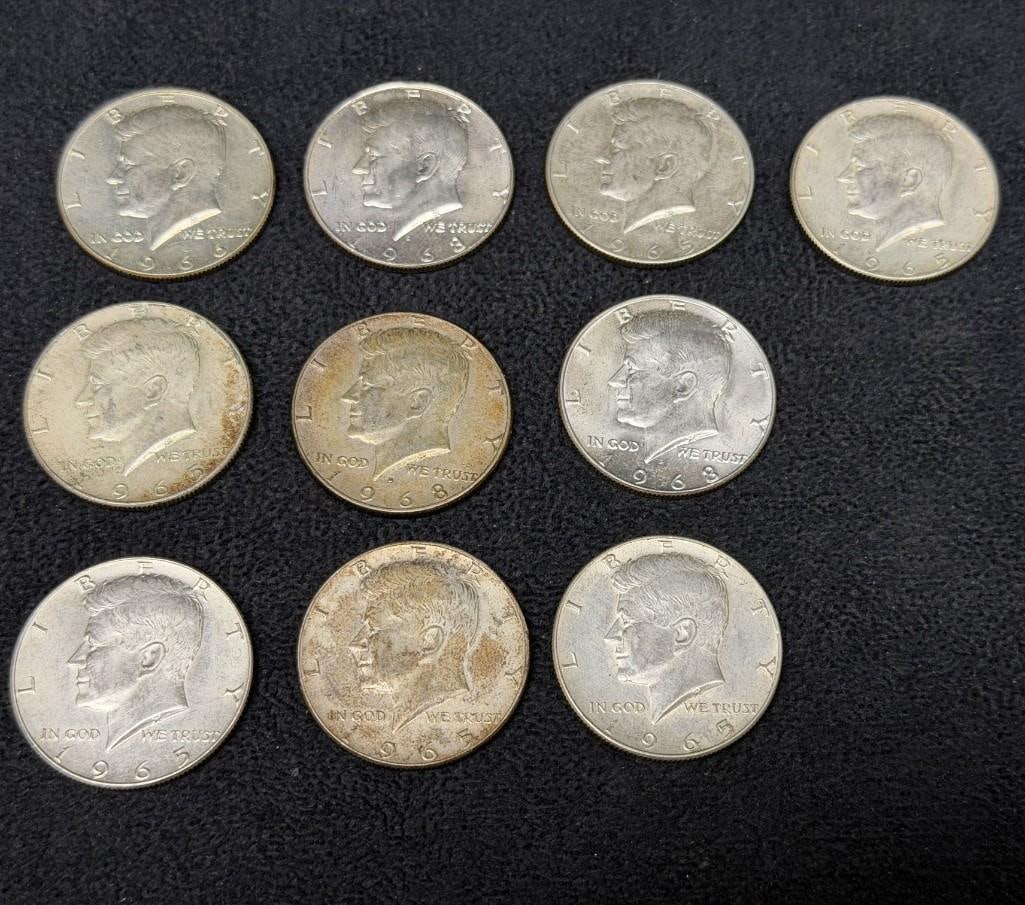 Ten 10 Kennedy Half Dollars 1965-1969: These coins have been tested and researched to the best of our ability prior to listing. Please reference all photos for full details, as they are a part of the condition. DETAILS: Metal - .400 Silver