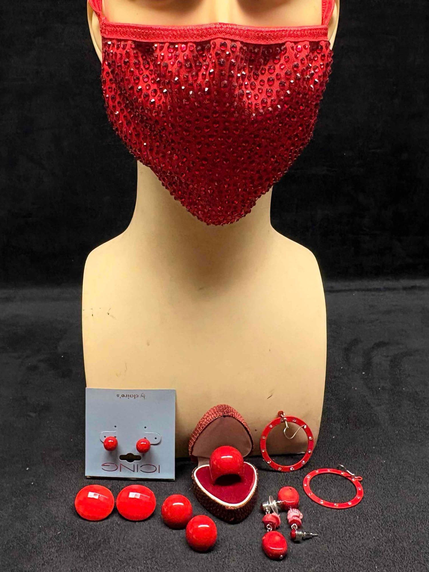 8pc Red Monochromatic Lady in Red Costume Jewelry and Accessories Collection: This lot contains 8 pieces of pre-owned costume jewelry, paired together in a stylized set. Each piece is in good conditions, with wear and tear over the years visible on some of the jewelry. Please