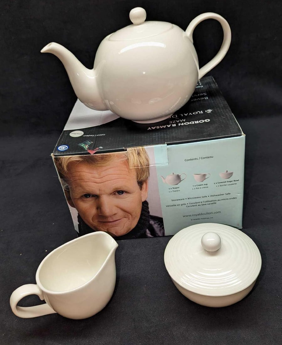 Royal Doulton Gordon Ramsay 3-Piece Beverage Set: Royal Doulton Gordon Ramsay 3-Piece Beverage Set. This lot includes: (1) 10 Oz. Fine China Creamer. This Is Approx 5 1/4" X 3 1/4" X 3 1/8". (1) 10 Oz. Covered Sugar. This Is Approx 4