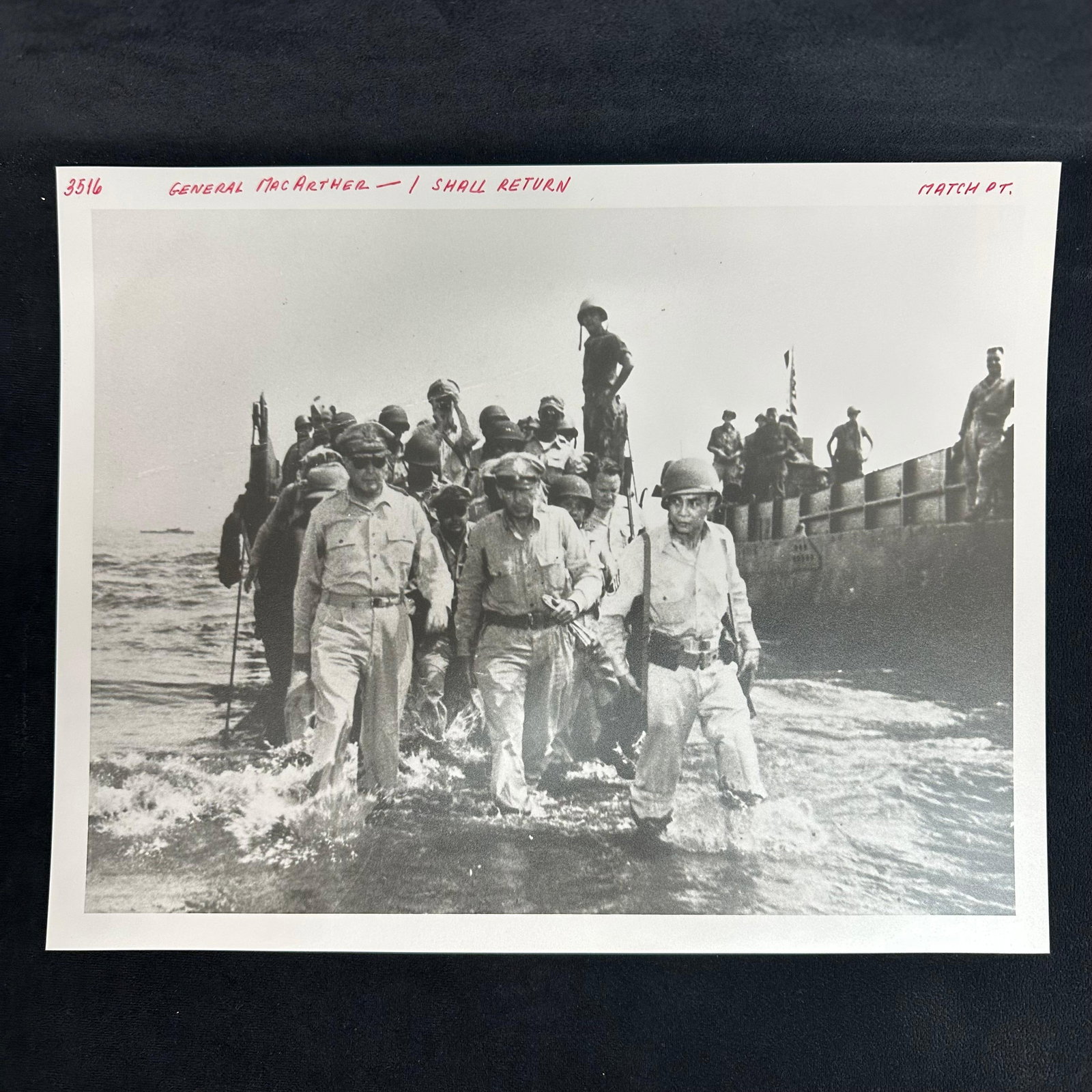 WWII General Douglas MacArthur I Shall Return Black and White Photograph Pearl Resin Paper Print: Black and white analog photograph print, printed on pearl resin-coated photo paper showing General Douglas MacArthur wading ashore during the 1944 Leyte landing in the Philippines, fulfilling his famo
