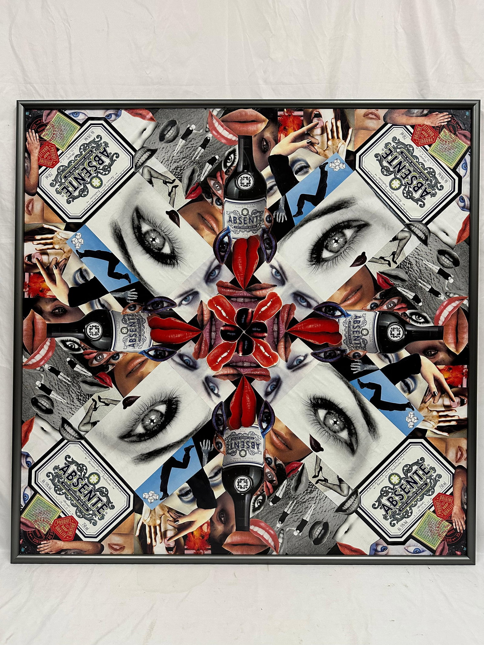 Contemporary Dada Inspired Mixed Media Collage Absente Artwork Decor: Large contemporary mixed-media collage featuring repeated imagery of eyes, lips, hands, and Absente bottle motifs arranged in a kaleidoscopic pattern. Bold surrealist composition with strong pop-