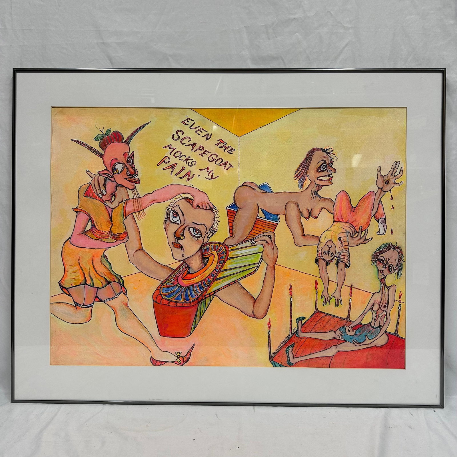 Original Jane in Vain Winkelman Even the Scapegoat Mocks My Pain Mixed Media Painting Signed: Original mixed-media artwork by Jane in Vain Winkelman, numbered 5/91, titled “Even the Scapegoat Mocks My Pain.” The piece features the artist’s characteristic, surreal, expressive,