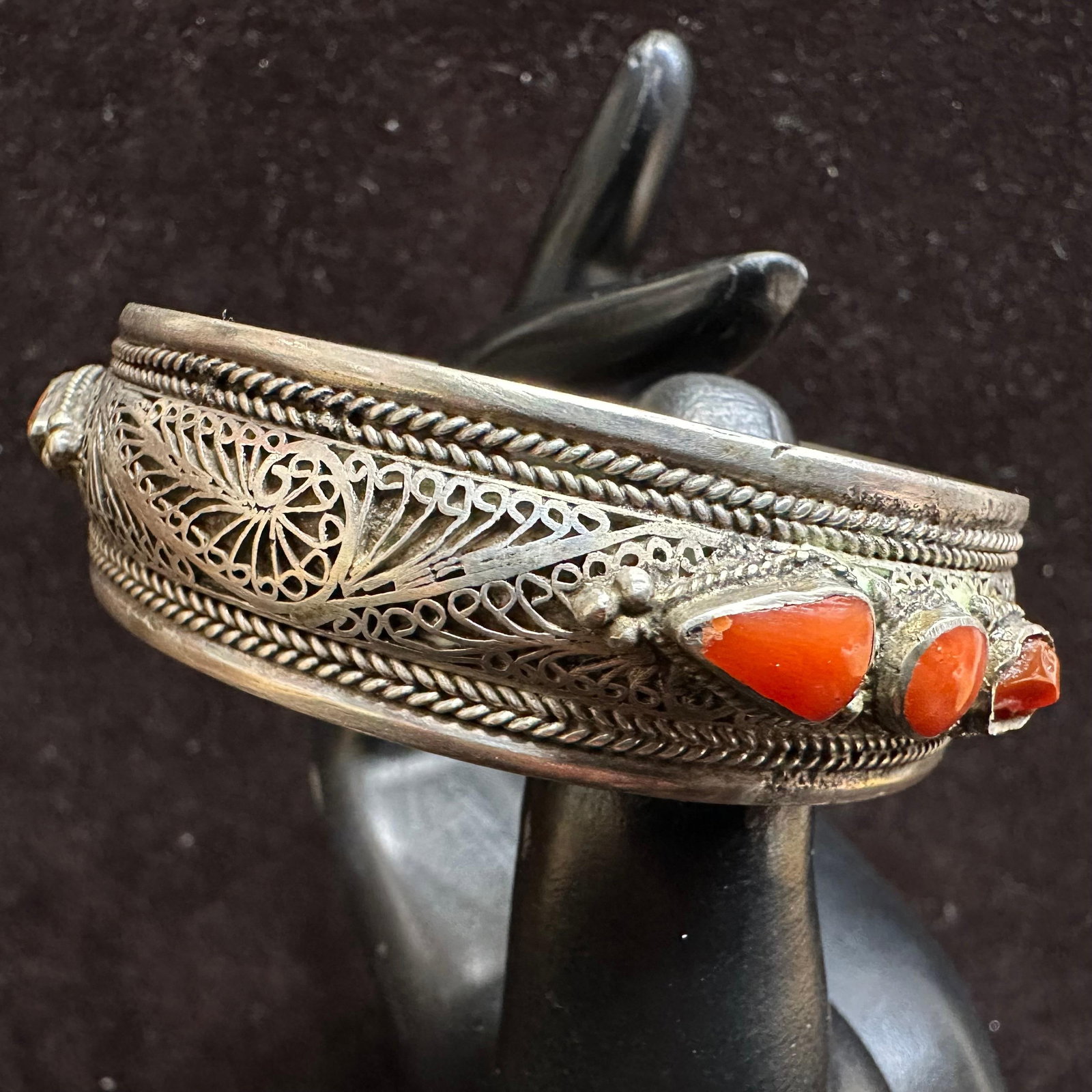 Coral Intricate Ornate Silverwork Cuff Bangle Silver Bracelet: This item is in good pre-owned, previously used/displayed condition with noticeable light wear and surface scratches. Please reference all photos for full details. This piece of jewelry has been teste