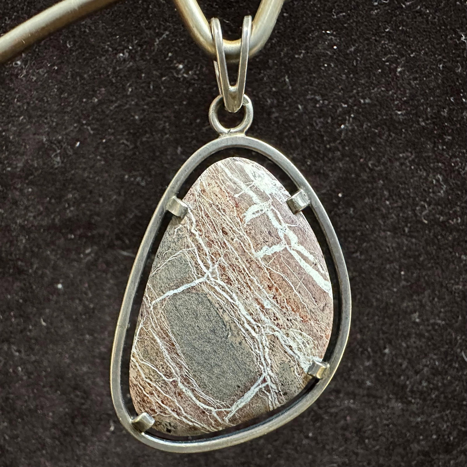 Jasper Stone Tear Drop Shaped Silverwork Necklace Pendant: This item is in good pre-owned, previously used/displayed condition with noticeable light wear and surface scratches. Please reference all photos for full details. This piece of jewelry has been teste