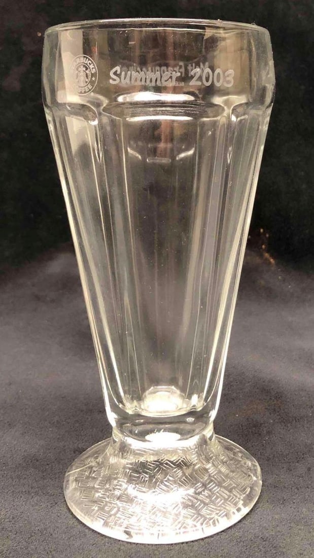 Starbucks Summer 2003 Malt Frappuccino Glass: This lot contains a Starbucks Summer 2003 Malt Frappuccino Glass. It is approx 3 1/4" x 3 1/4" x 7" and weighs about 1lb. Overall the glass is in good used condition with some light wear from use