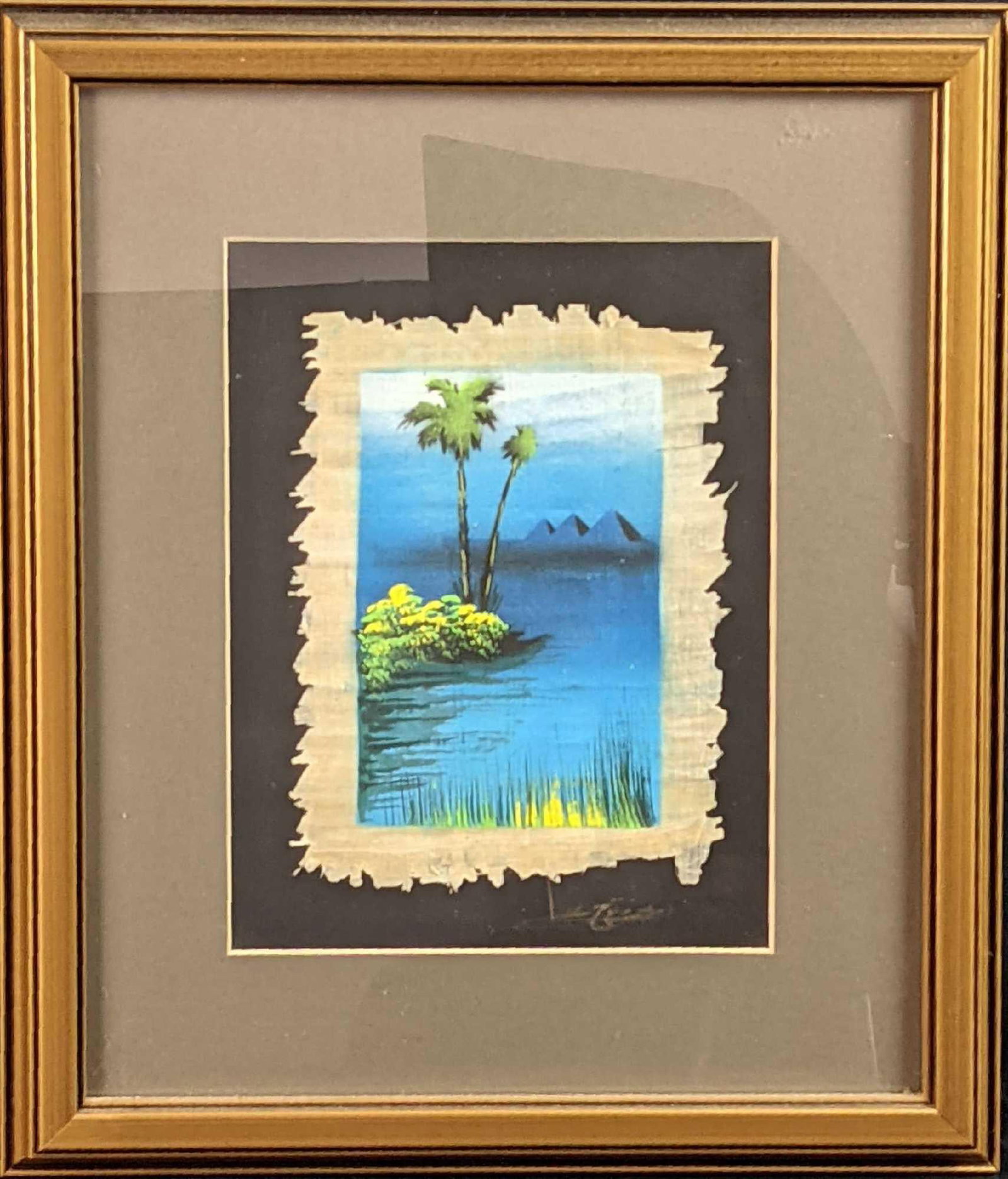 Original Framed Oil On Papyrus Daytime Pyramids Egyptian: Here is an original oil on the papyrus of three pyramids during the day. The original is signed by the artist on the bottom right. Framed original is approx 11 1/2" x 1" x 13 1/2". The original is app