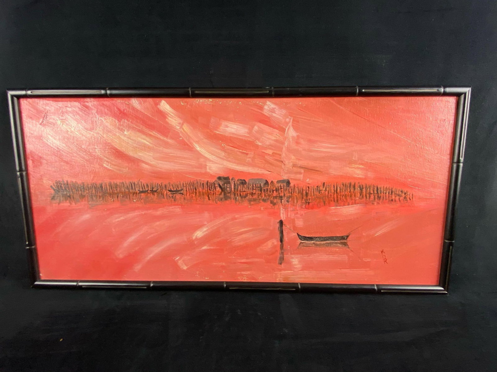 Vintage Signed KOK Oil On Canvas Textured Fishing Village Painting: Vintage Signed KOK Oil On Canvas Fishing Village Painting . This elegant painting is in good condition with some cracking to the paint near boat area. Measurements are 31" x1 5" 5lbs 
