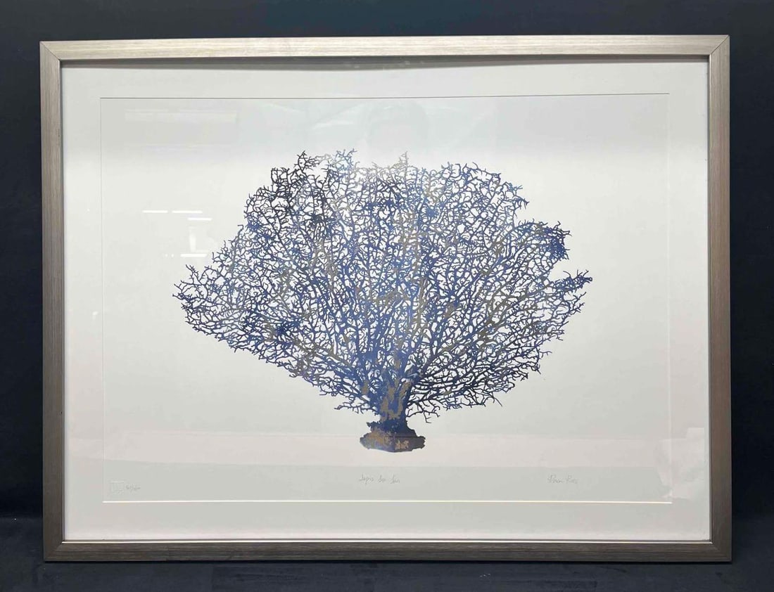 Framed Signed & Numbered Artwork Lapis Sea Fan By Devon Ross 81/3600: This lot contains a Framed Signed & Numbered Lapis Sea Fan By Devon Rods 81/3600. The frame is approx 33 1/2" x 1 3/4" x 25 1/2" while the artwork itself is approx 20" x 28". Total weight is approx