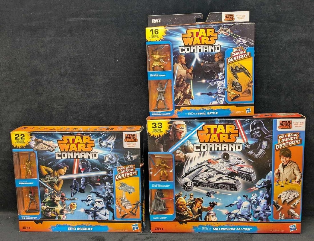 3 Star Wars Command Game Sets By Hasbro: 3 Star Wars Command Game Sets By Hasbro. This lot includes: (1) Episode III - The Final Battle. Exclusive Obi-Wan Kenobi And Exclusive Anakin Skywalker. All 16 Figures and Vehicles come sealed in the 