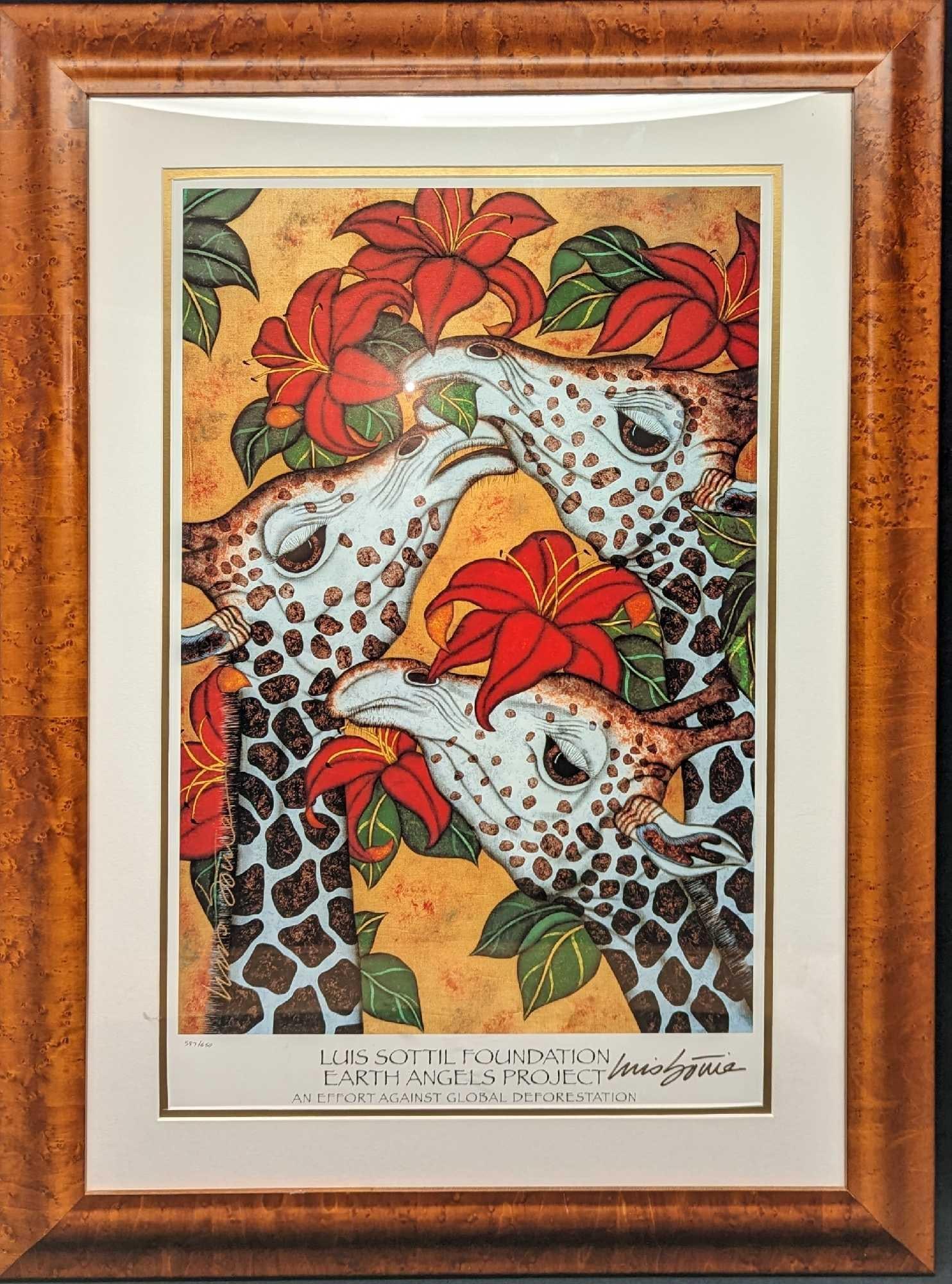 Framed Luis Sottil "Gentle Giants" Giraffe S&N Print: Framed Luis Sottil "Gentle Giants" Giraffe S&N Print. This one is #587 out of #650. This was released as part of the artist's foundation called the "Earth Angel's Project". The framed print is a