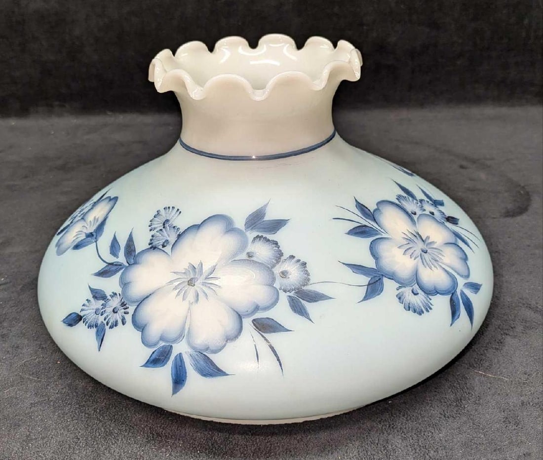 Vintage Hand Painted Milk Glass Shade: Vintage Hand Painted Milk Glass Shade. This is approx 12" x 12" x 6 3/4" and it weighs 2.30lbs. The opening on the bottom is approx 9 3/4" x 9 3/4". The bottom of the shade has some markings. Please s