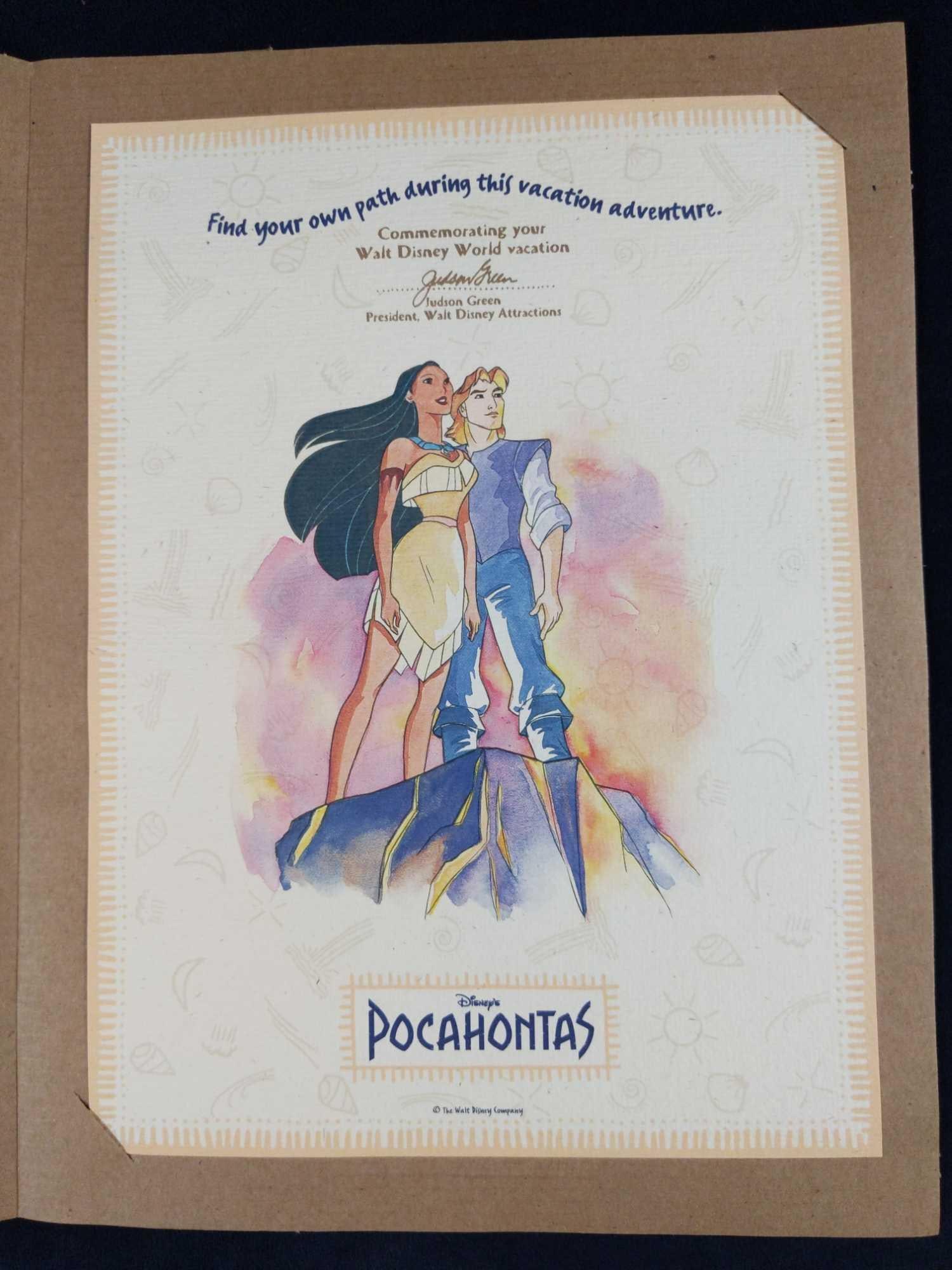 Rare Vacation Adventure Disney Pocahontas Print: Find Your Own Path During This Vacation Adventure urges this special Disney Pocahontas print. It shows the Disney versions of Pocahontas and Captain John Smith. This commemorative print also has a