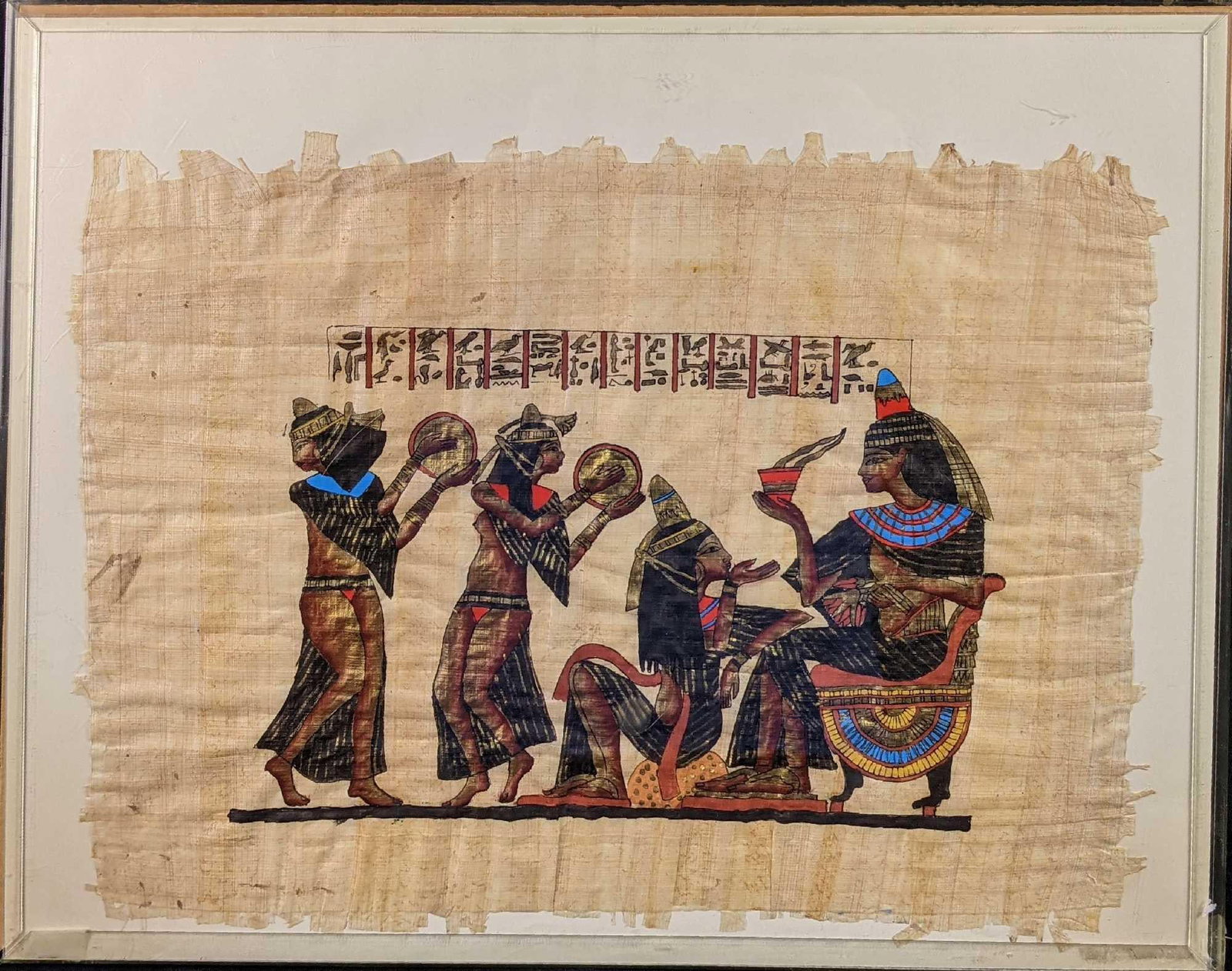 Hand Painted Egyptian Papyrus Art Musicians: Hand Painted Egyptian Papyrus Art. This shows two female musicians as they entertain a royal person along with his companion. This was placed in a protective acyclic case which is approx 20" x 16".