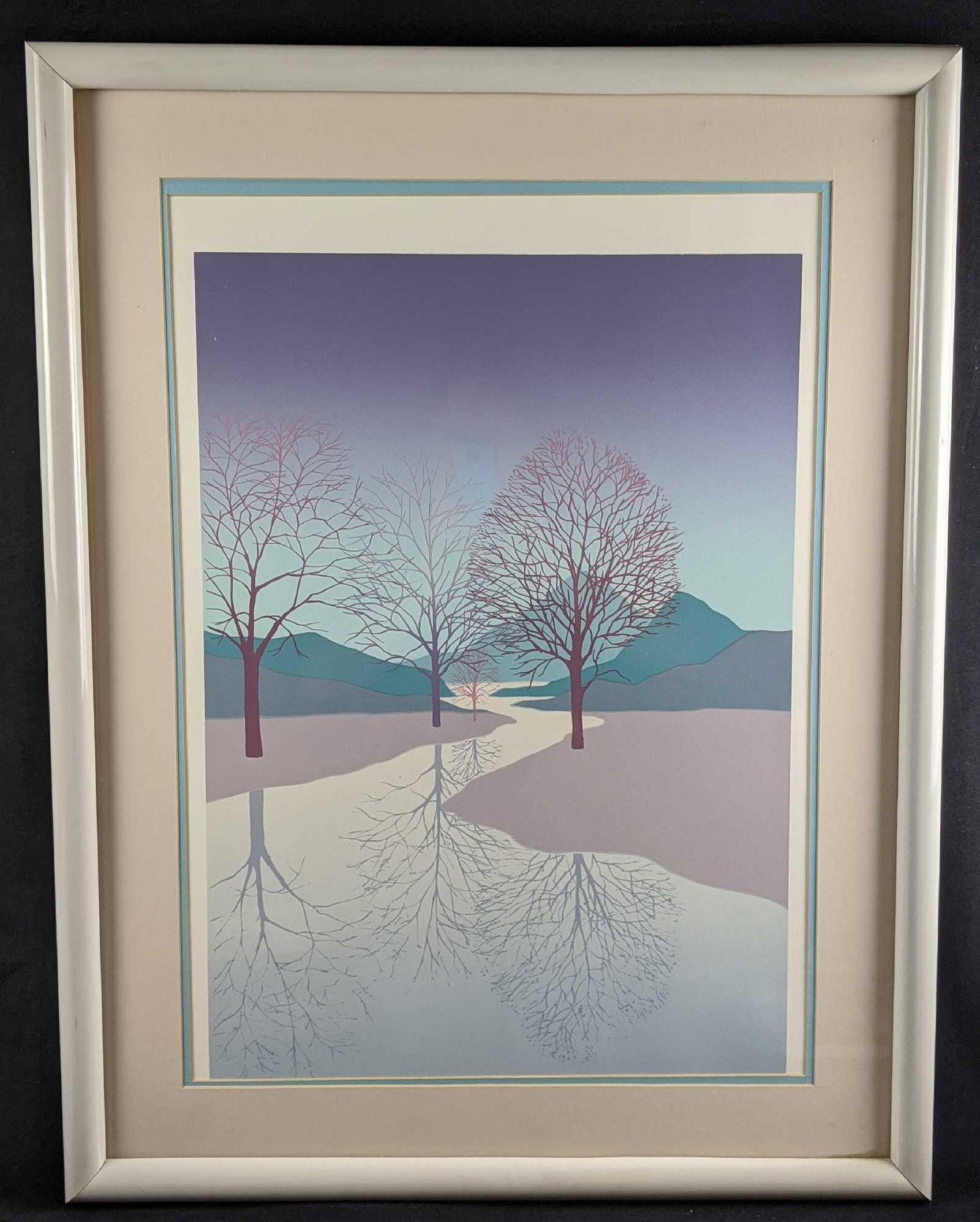 Large Framed Nature Art Lithograph: This is a large print of four bare trees and a winding river. The artist is unknown. The framed art is approx 27" x 34". The print is approx 18" x 25". The print has been double matted with a