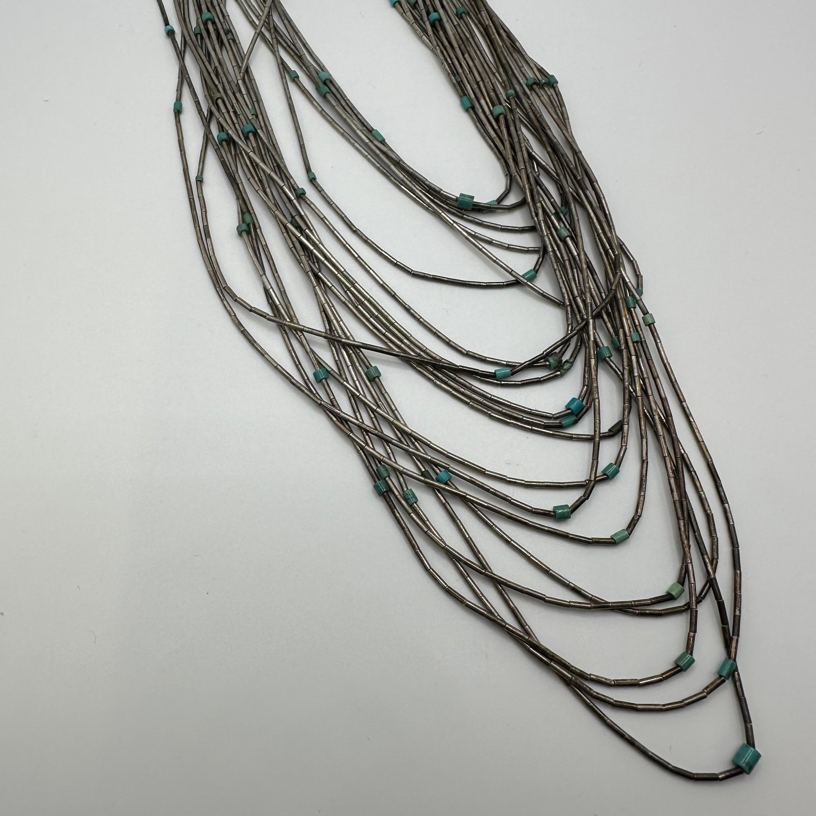 Liquid Silver Style Small Turquoise Accent Necklace Unmarked: This item is in good pre-owned, previously used/displayed condition with noticeable light wear and surface scratches. Please reference all photos for full details. This piece of jewelry has been teste