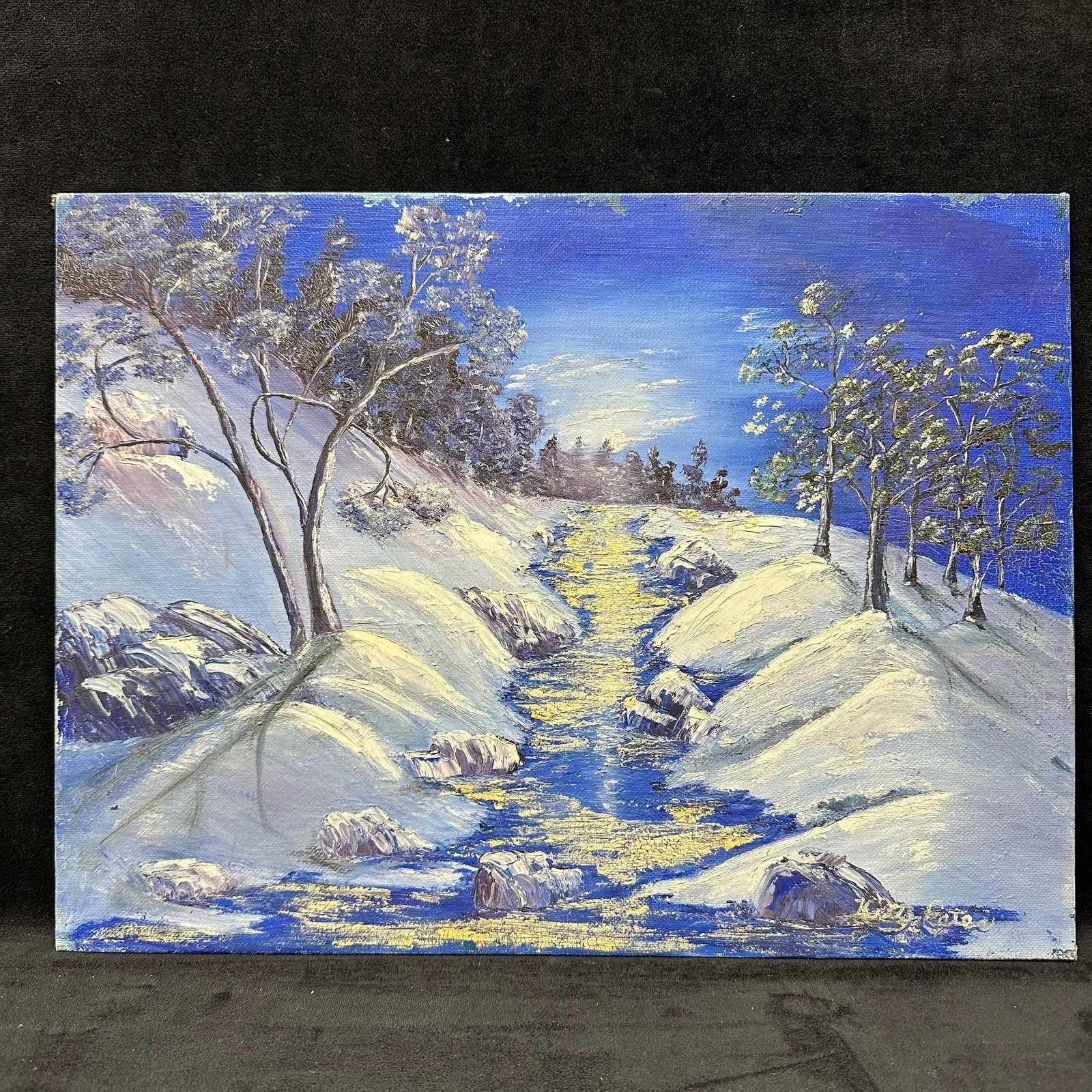 Winter Landscape Amateur Painting Blue Riverbank at Dawn (1 of 6)