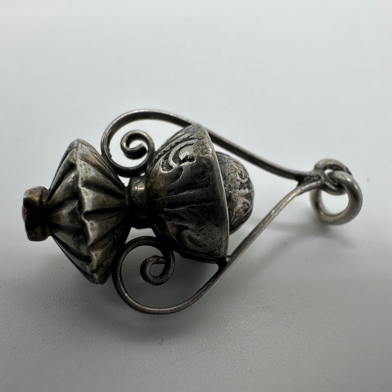 Etruscan Victorian Style Coral Cabochon Silver 800 Ornate Charm X17: This item is in good pre-owned, previously used/displayed condition with noticeable light wear and surface scratches. Please reference all photos for full details. This piece of jewelry has been teste