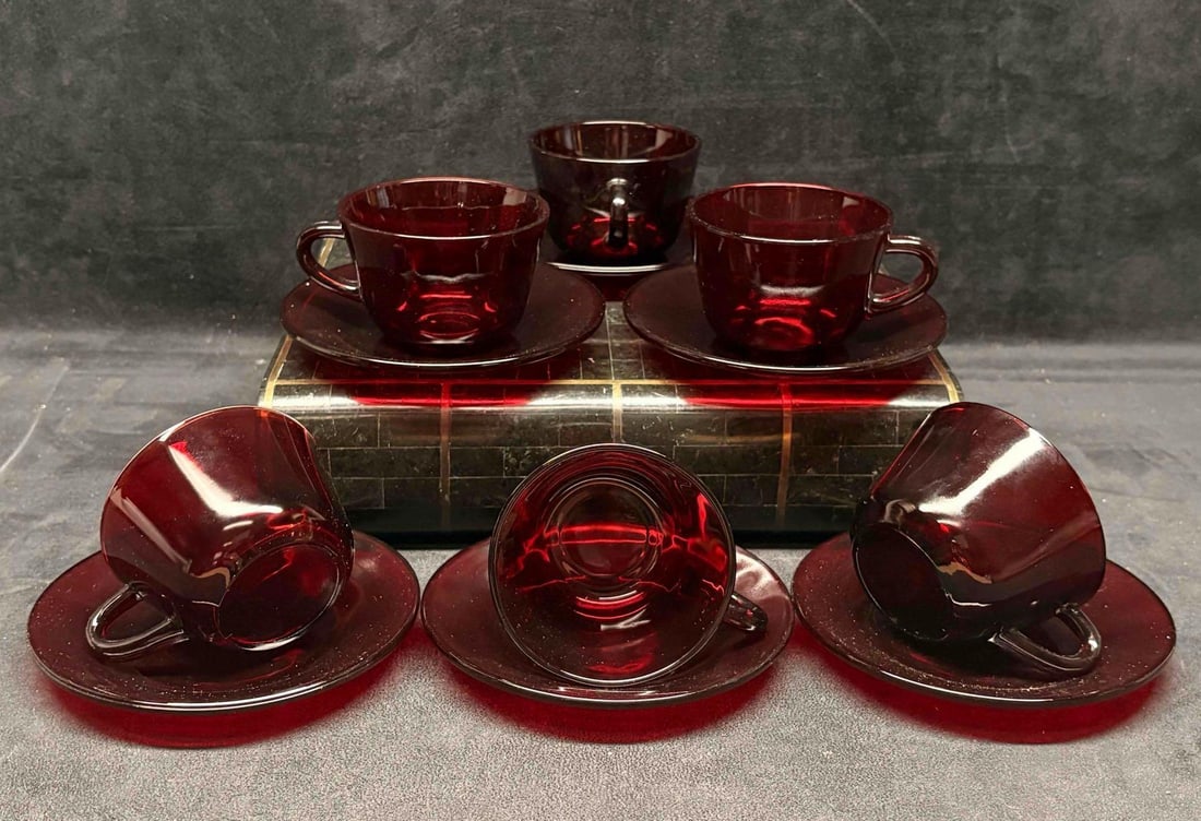 Set of 6 Vintage Anchor Hocking Red Ruby Glass Teacup and Saucer Set (1 of 6)