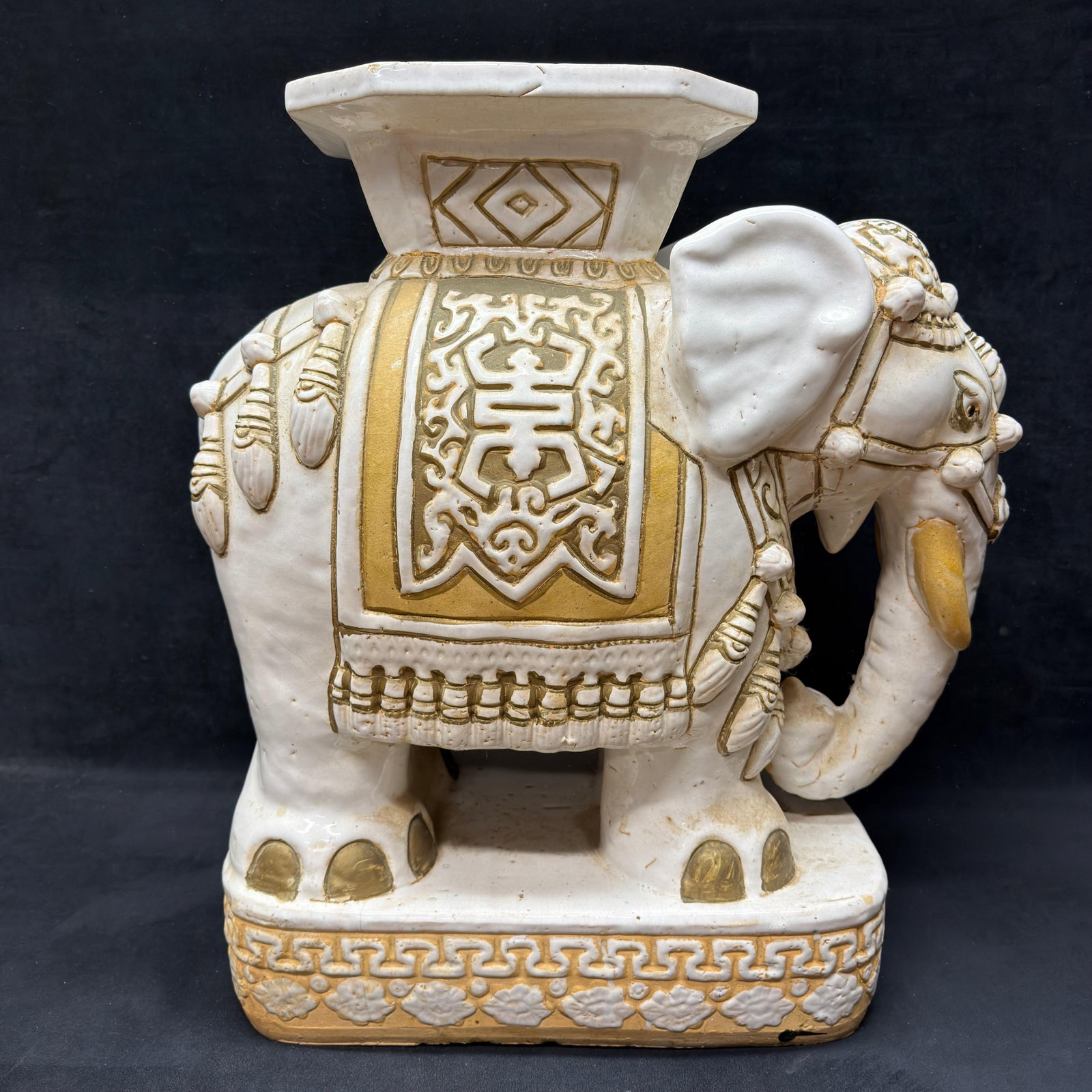 Large Decorative Ceramic Elephant Garden Seat Pedestal in White Gold Finish (1 of 7)