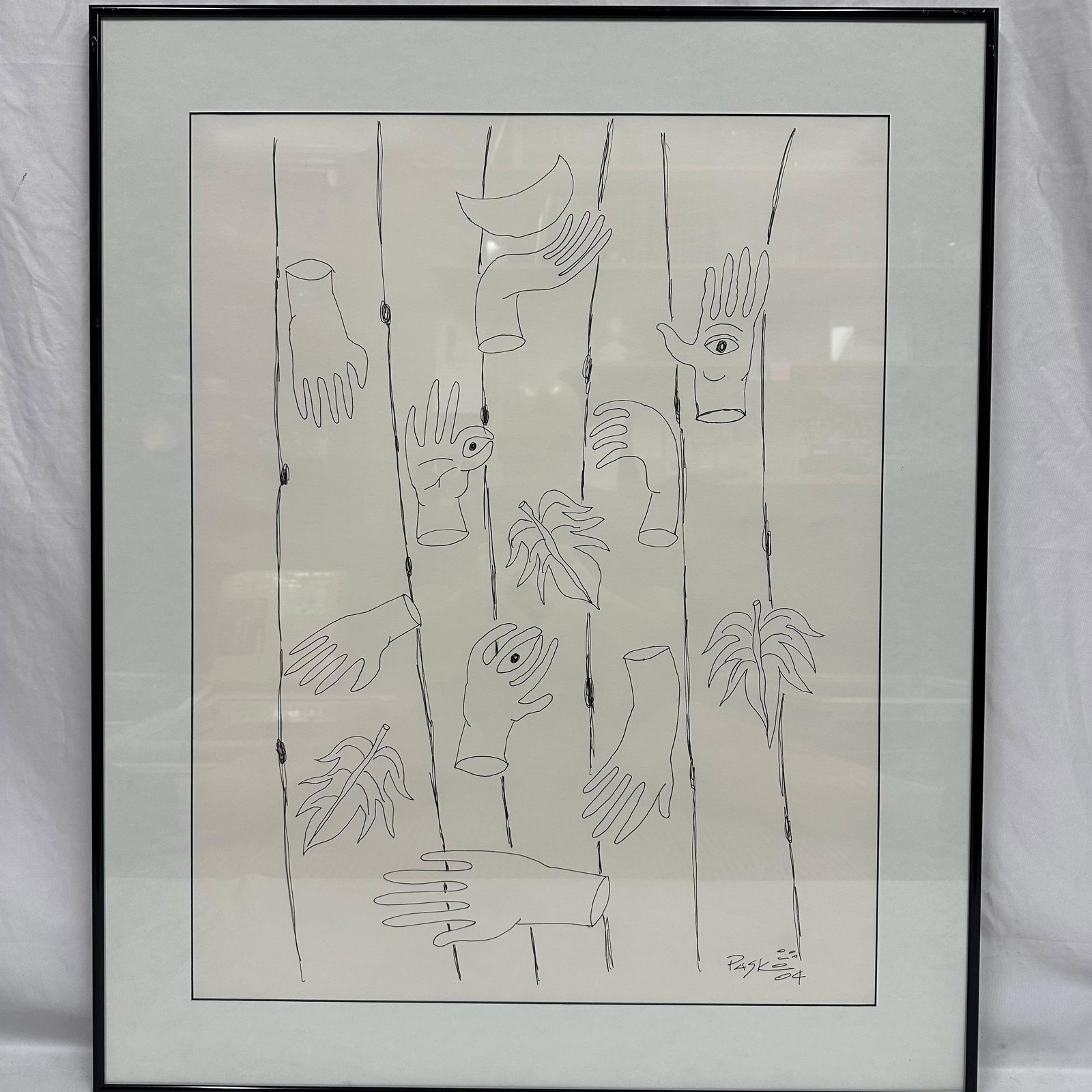 Untitled Surrealist Line Ink Drawing with Hands Framed by Jon Pask 2004 Abstract Art (1 of 13)