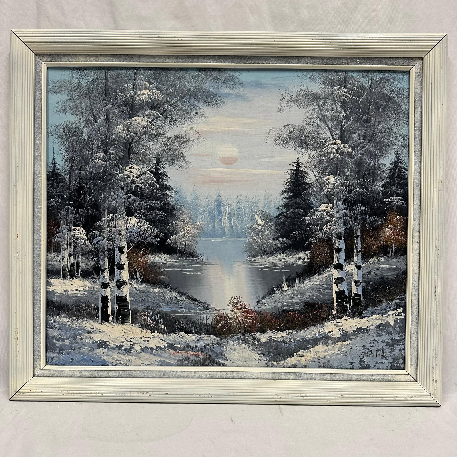 Winter Snow Landscape Oil Painting on Canvas Snowy Birch Trees by River Framed (1 of 19)