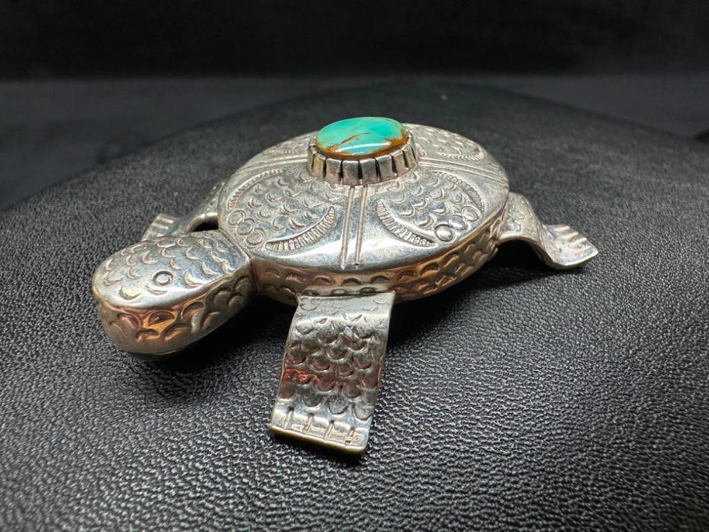 Carol Felley Sterling Turquoise Turtle Brooch: This piece of jewelry has been tested and researched prior to listing. Please view all our pictures they are part of our description. DETAILS: Metal - Sterling Silver Color - Silver Stones -