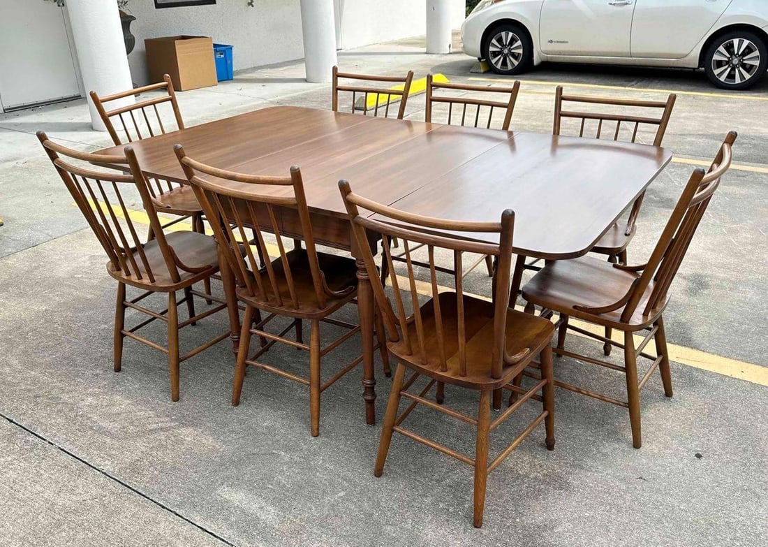 Centennial Cherry Sturbridge Yankee Dinning Set Table & 8 Chairs 1970 (Plus 3 Leaves): This lot contains a Centennial Cherry Sturbridge Yankee Folding Dinning Set Table & 8 Chairs. Pattern 1934. Last Date received marked 1970. The two sides of the table fold out or down based 