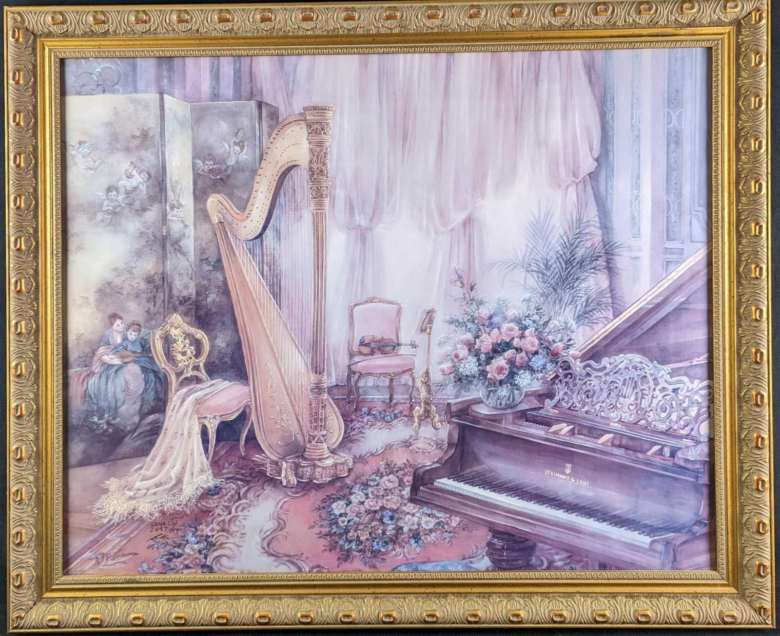 Framed LE Lena Liu's "Music Room VI Print: Lena Liu's "Music Room VI - Romantic Overture". This limited edition print features a majestic harp in a grand music room filled with beauty and the love of music. The lavishly decorated room inv