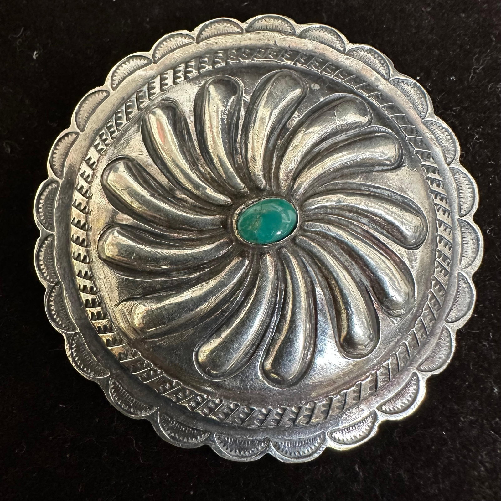 Green Turquoise Center Concho Silver Brooch: This item is in good pre-owned, previously used/displayed condition with noticeable light wear and surface scratches. Please reference all photos for full details. This piece of jewelry has been