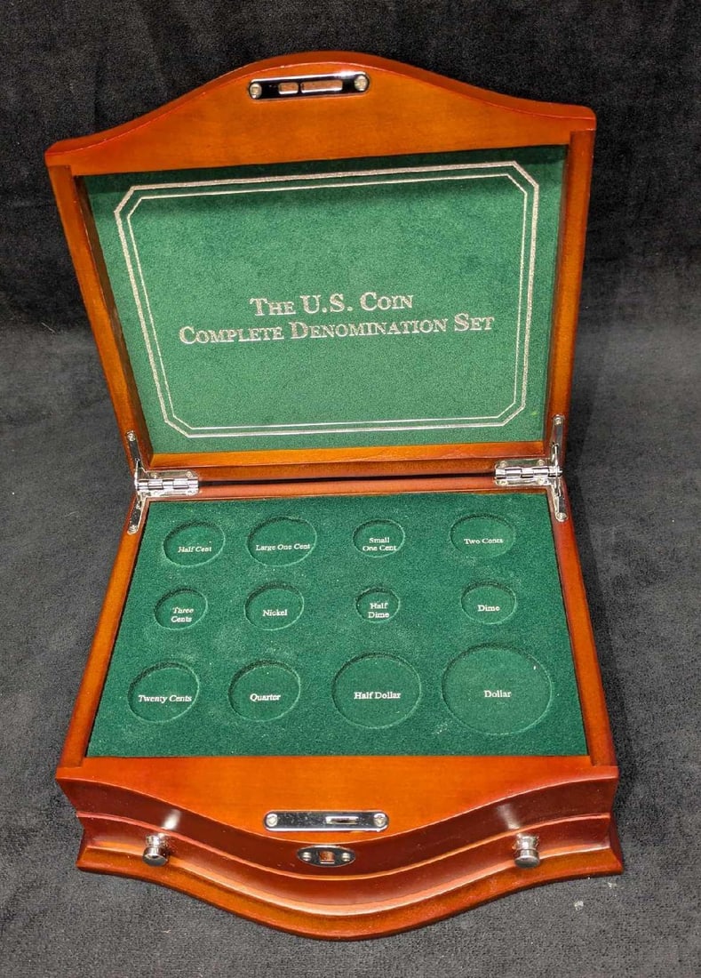 U.S. Coin Complete Denomination Set Display Case: U.S. Coin Complete Denomination Set Display Case. This does not come with the coins or key. Along with the case, it includes information cards about vintage coins. This is approx 9" x 7 3/4" x 3 1/2" 