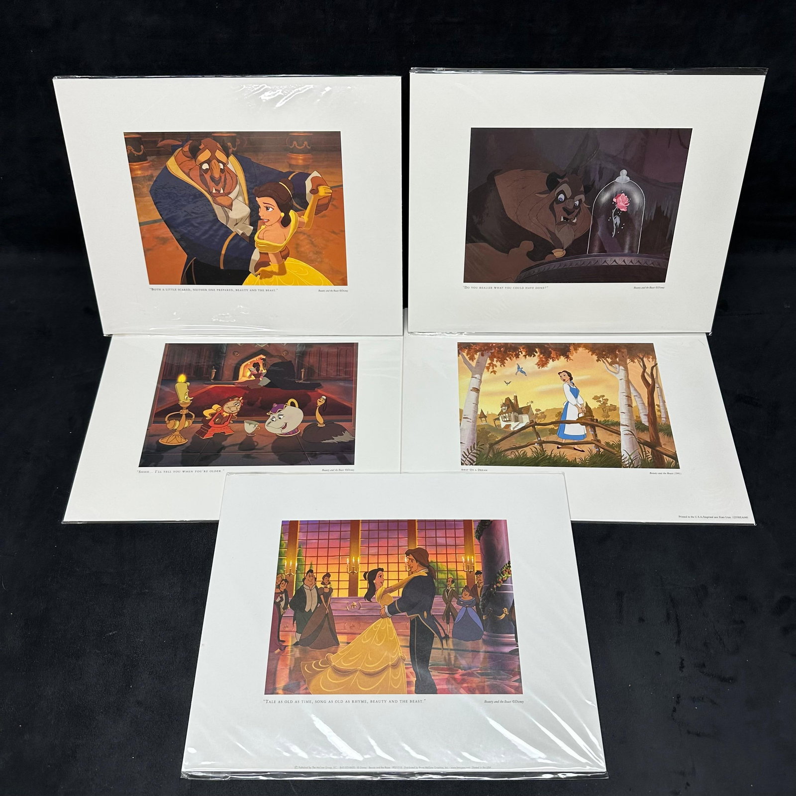 Disney Beauty and the Beast Lithograph Prints Matted New Sealed Set of Five: Set of five officially licensed Disney lithograph art prints from Beauty and the Beast. Each print is professionally matted and still sealed in its original protective plastic. Scenes include Belle,