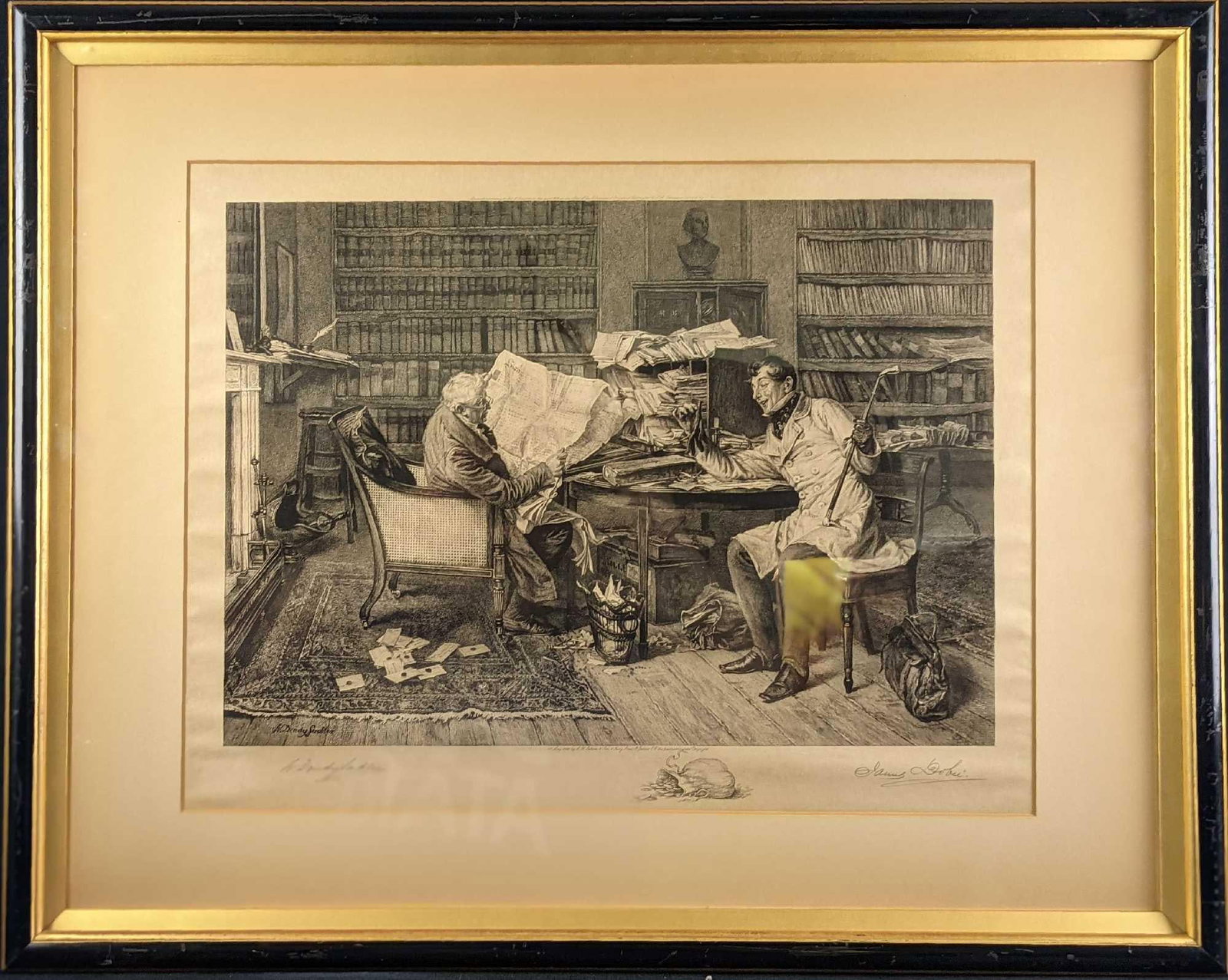 James Dobie "A Little Mortgage" Engraving After Walter Dendy Sadler: A Little Mortgage antique engraving, based on a Walter Dendy Sadler original. Is signed in pencil by Walter Dendy Sadler and James Dobie (who created the engraving). The framed engravin