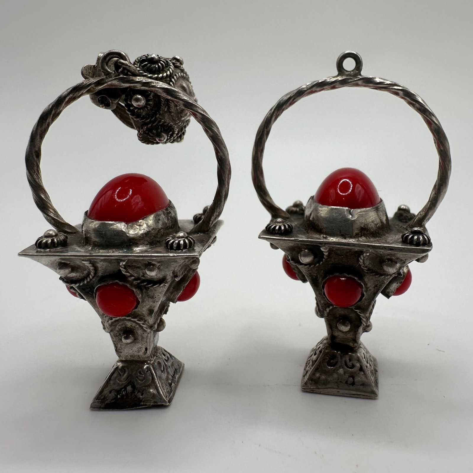 Twisted Rope Handle Intricate Lantern Style Red Coral 800 Silver Earrings: This item is in good pre-owned, previously used/displayed condition with noticeable light wear and surface scratches. Please reference all photos for full details. This piece of jewelry has been