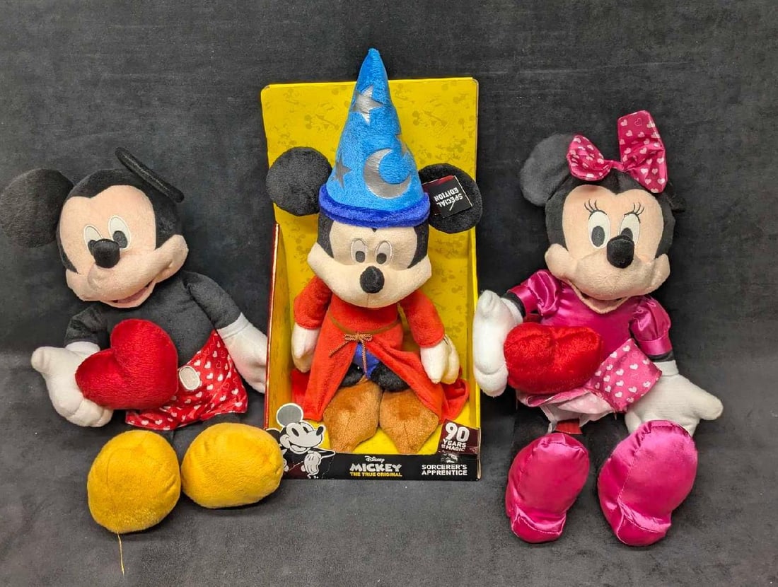 Kcare Valentine's Day Mickey And Minnie Mouse Sorcerer's Apprentice Plush: Kcare Valentine's Day Mickey And Minnie Mouse Sorcerer's Apprentice Plush. This lot includes: (1) Kcare Valentine's Day Minnie Mouse With Heart Plush. Comes with the original box