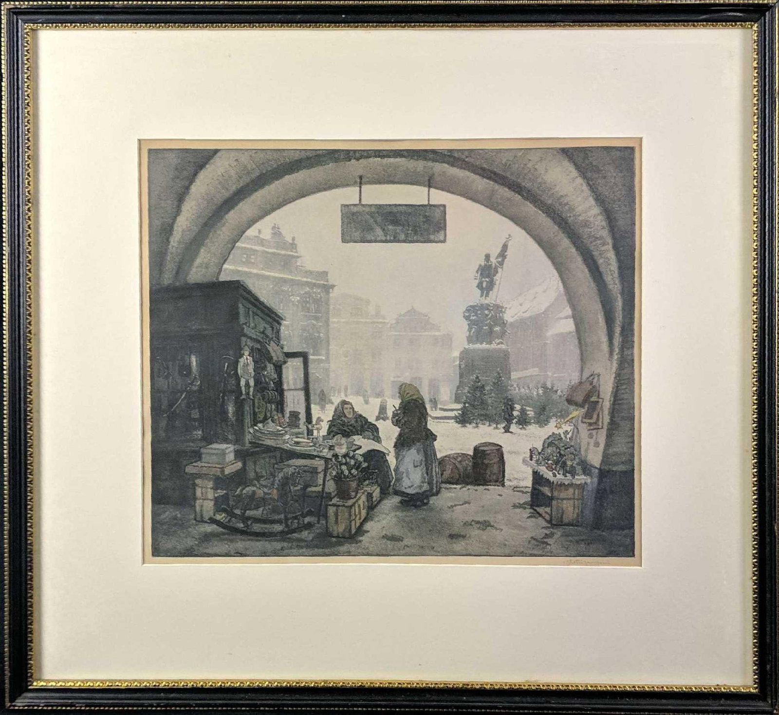 Vintage Jaromír Stretti Zamponi Framed Print T5: Jaromír Stretti Zamponi signed print of a Christmas market at the Malostranské Náměstí (Is the main square of Prague's Malá Strana. St. Nicholas C