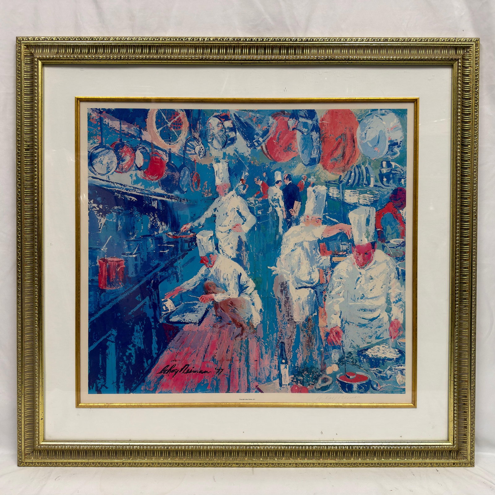 Leroy Neiman La Grand Cuisine Signed Offset Art Print R240: Offset color lithograph after Leroy Neiman (1921–2012) titled La Grand Cuisine, depicting a lively commercial kitchen with chefs at work. Pencil signed in the lower right margin. Includes affixe