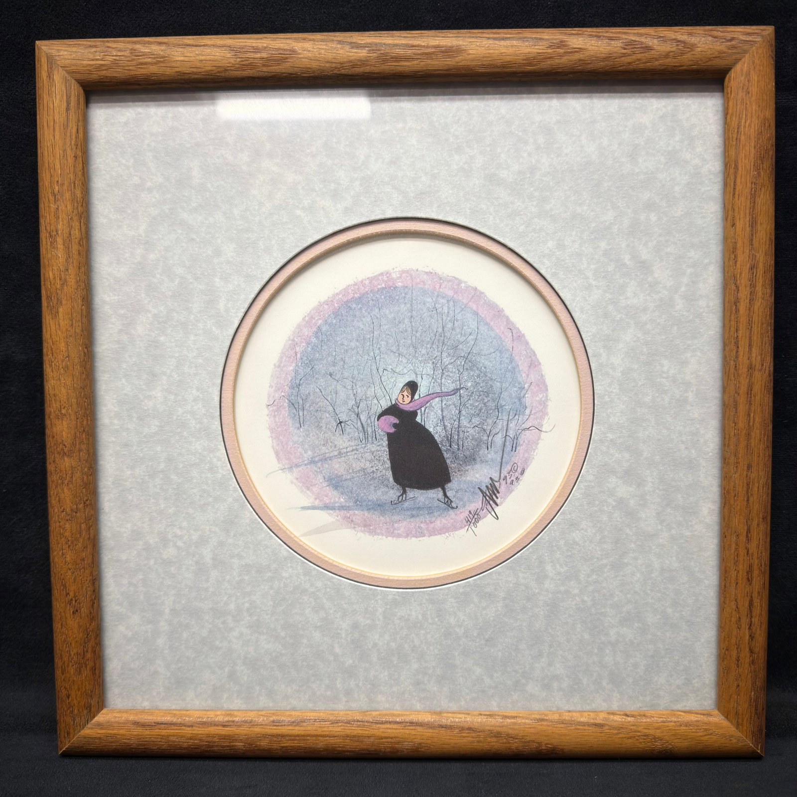 P. Buckley Moss Skating Reverie Signed and Numbered Framed Print 419 of 1000: Limited edition art print by acclaimed American folk artist Patricia Buckley Moss. This print is hand-signed by the artist, numbered 419/1000, and dated 1993. This item is in good pre-owned, previousl