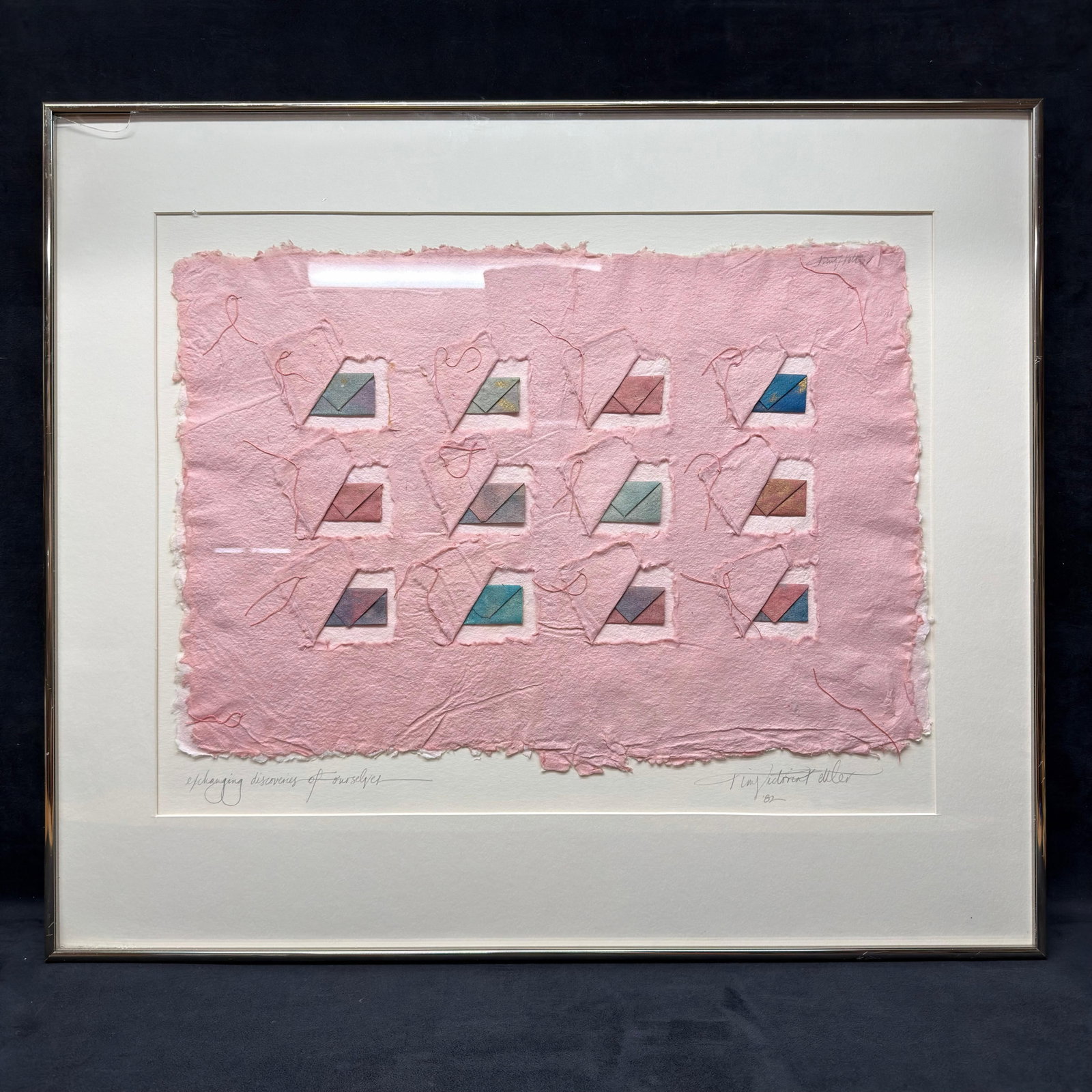 Kim Victoria Kettler Exchanging Discoveries of Ourselves Original Handmade Paper Mixed Media Art: Original handmade paper mixed media artwork by Kim Victoria Kettler, titled "Exchanging Discoveries of Ourselves," dated 1982. The composition is executed on handmade pink rag paper/textile wi