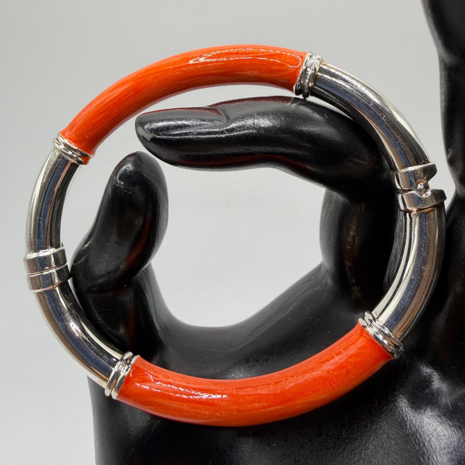 Milor Italy Sterling Silver Orange Enamel Hinged Bracelet: This item is in pre-owned, previously used/displayed condition with noticeable light wear and surface scratches. Please reference all photos for full details. This piece of jewelry has been carefully