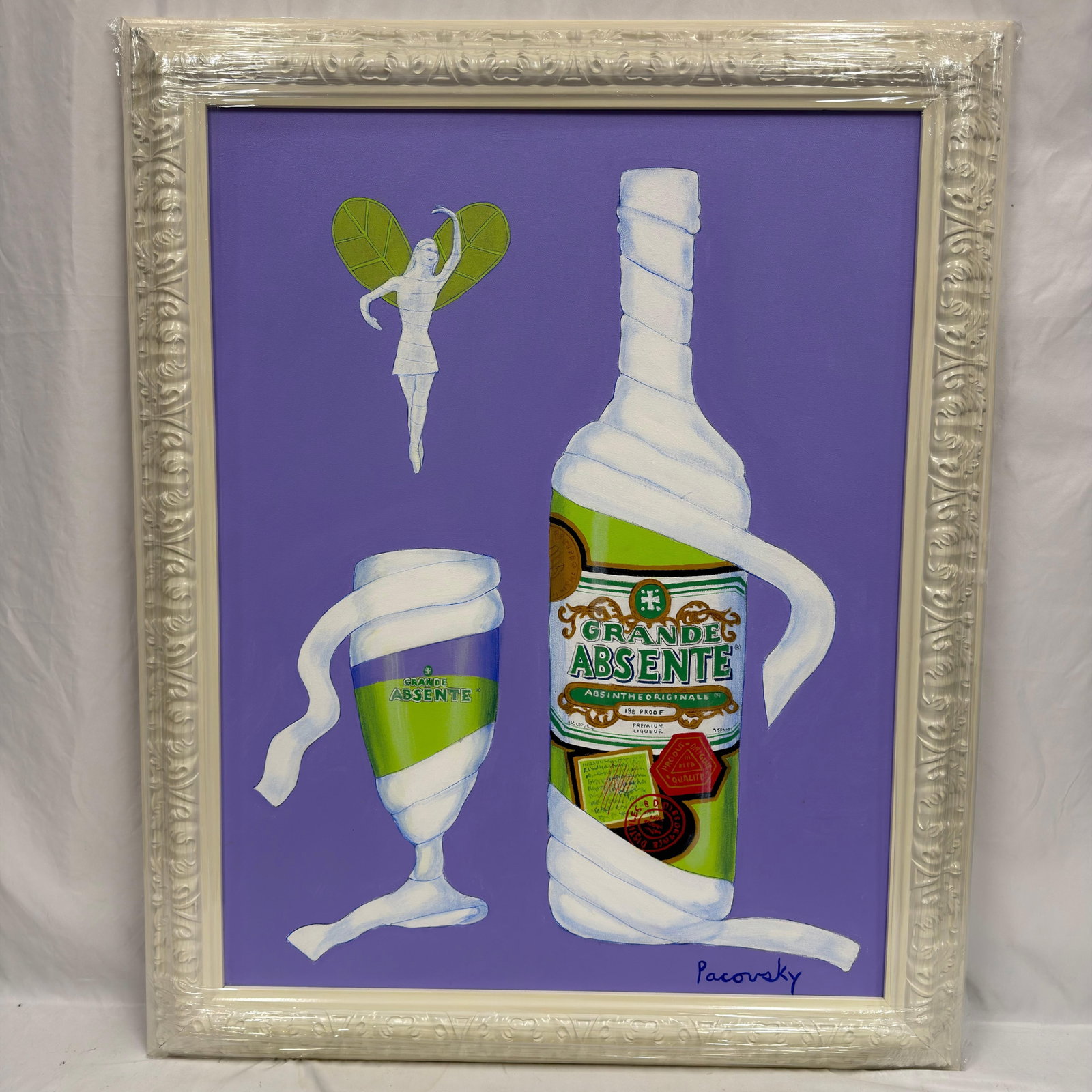 Signed Pacovsky Acrylic on Canvas Grande Absente Surreal Still Life Mummy Style: Original acrylic on canvas painting signed Pacovsky lower right. This surreal composition features a Grande Absente bottle and matching glass wrapped in flowing white fabric against a vibrant purple