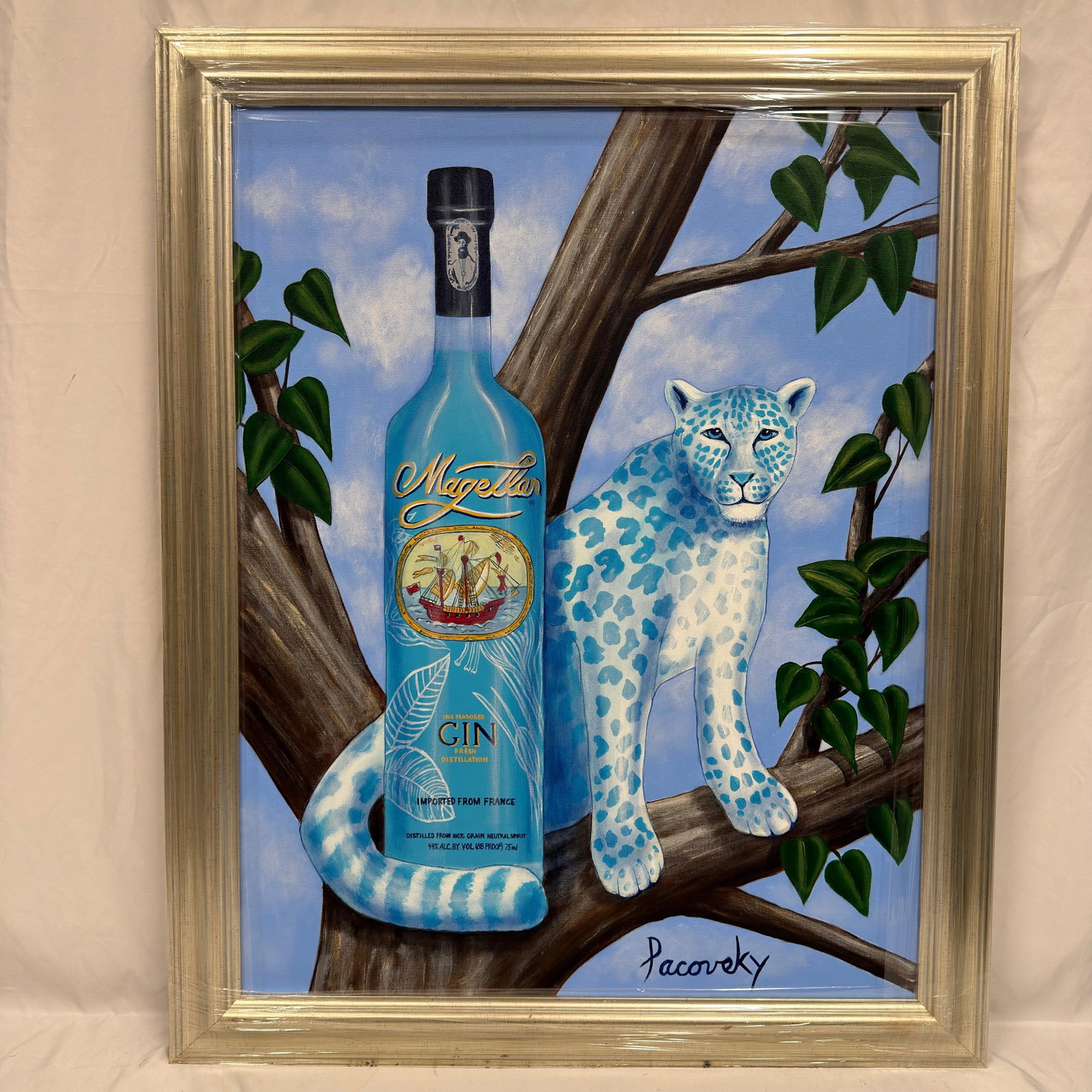 Signed Pacovsky Acrylic on Canvas Magellan Gin Blue Leopard Surreal Painting: Original acrylic on canvas painting signed Pacovsky lower right. This surreal composition depicts a Magellan Gin bottle alongside a blue leopard resting in a tree against a soft blue sky. This item is