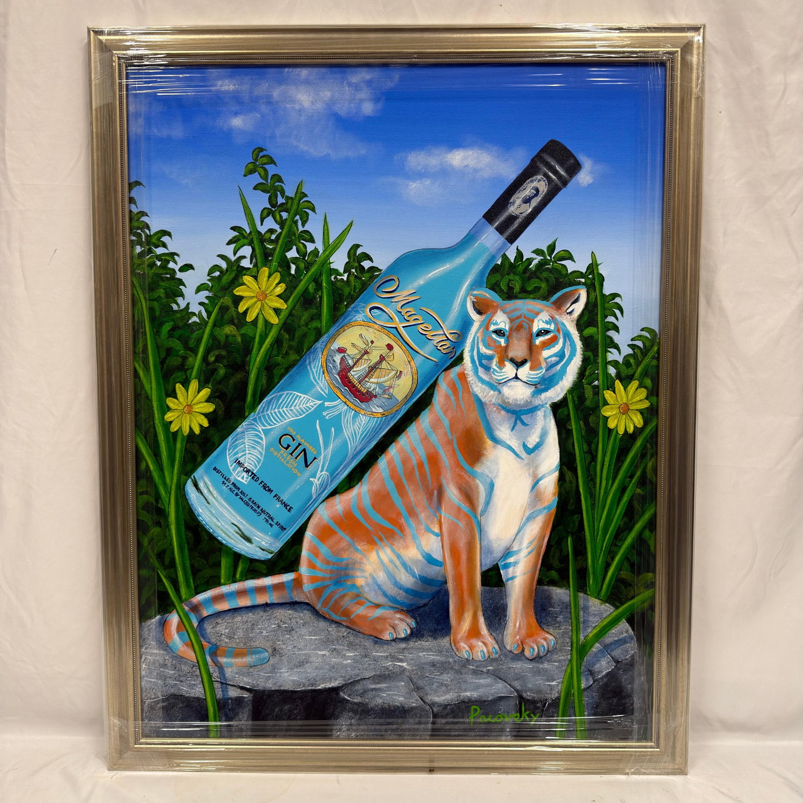 Signed Pacovsky Acrylic on Canvas Framed Magellan Gin Tiger Composition: Original acrylic on canvas painting signed Pacovsky lower right. This colorful contemporary composition features a stylized tiger with blue accent stripes seated on a stone ledge beside a Magellan Gin