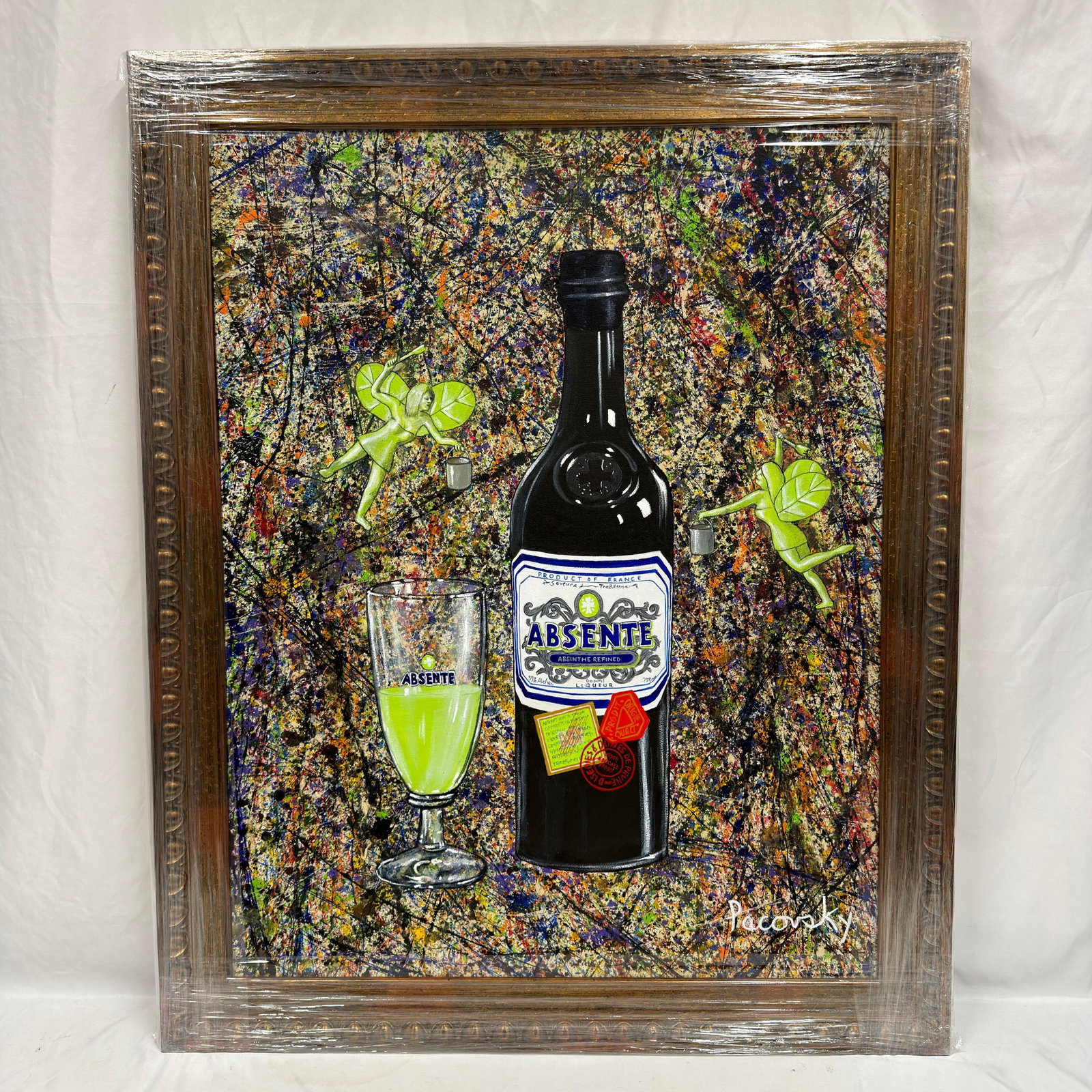 Signed Pacovsky Acrylic on Canvas Homage Pollock Absinthe Absente: Original acrylic on canvas painting signed Pacovsky lower right. This piece features a bottle of Absente Absinthe liqueur surrounded by small green fairies, set against a colorful, splattered backgrou
