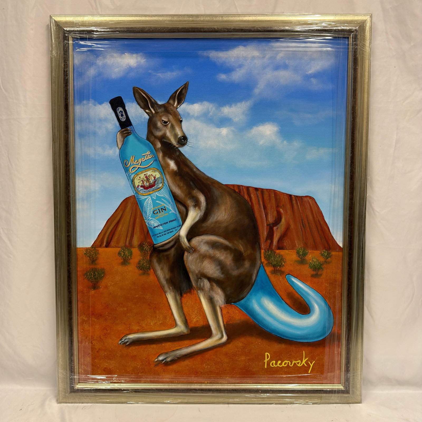 Signed Pacovsky Acrylic on Canvas Magellan Gin Kangaroo Blue Tail: Original acrylic on canvas painting signed Pacovsky lower right. This whimsical contemporary composition depicts a kangaroo with a bright blue tail holding a Magellan Gin bottle against an Australian 